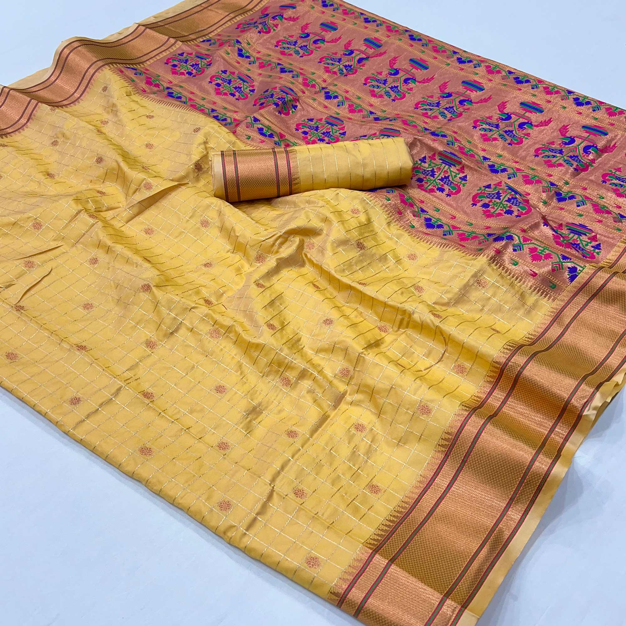 Yellow Floral Woven Zari Checks Art Silk Saree