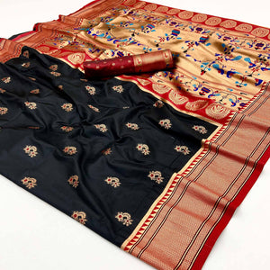 Black Floral Woven Pure Silk Saree