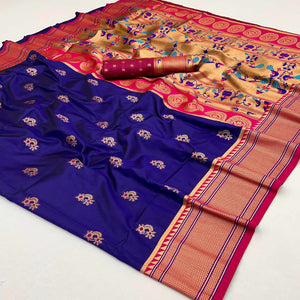Navy Blue Floral Woven Pure Silk Saree
