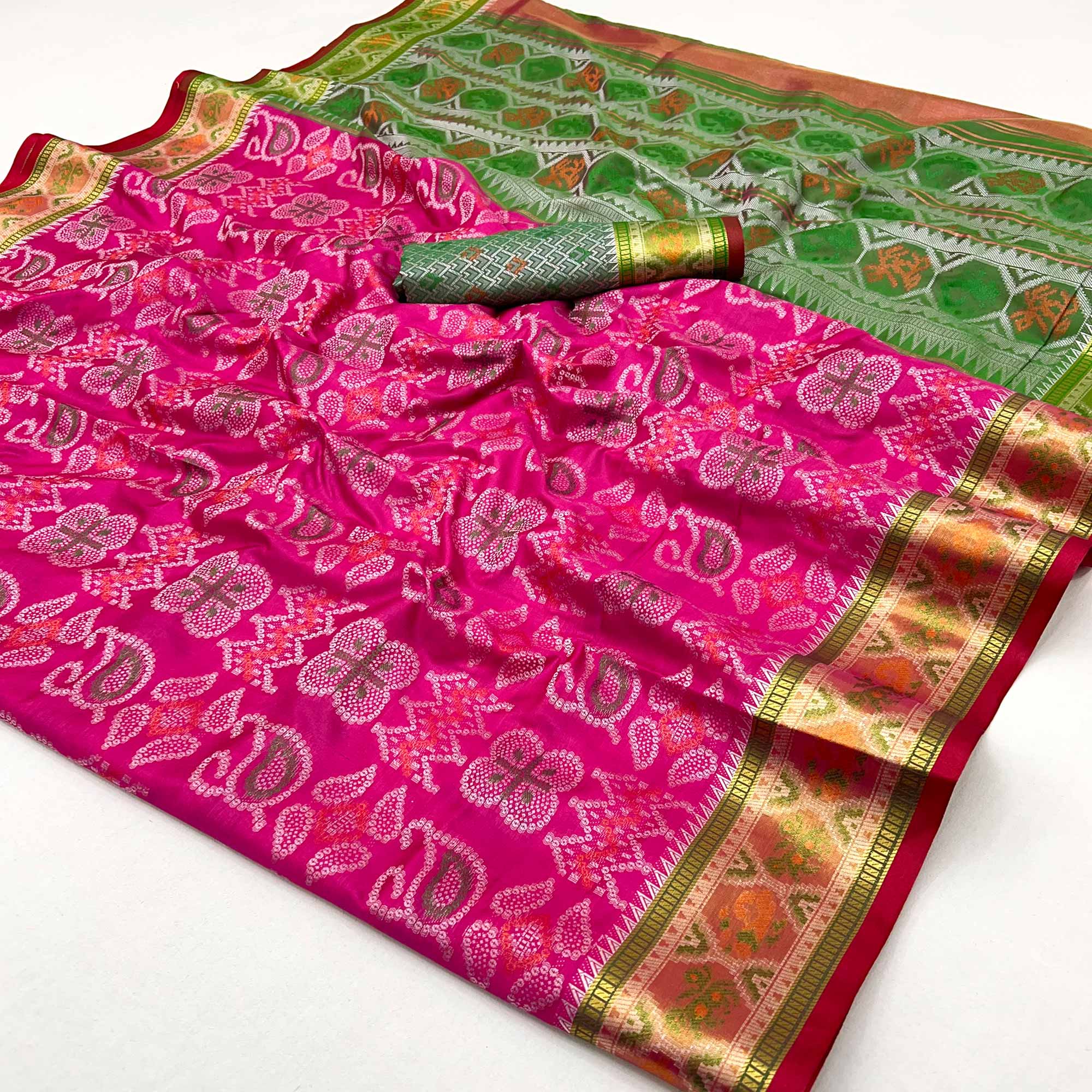 Rani Pink Woven Art Silk Patola Saree