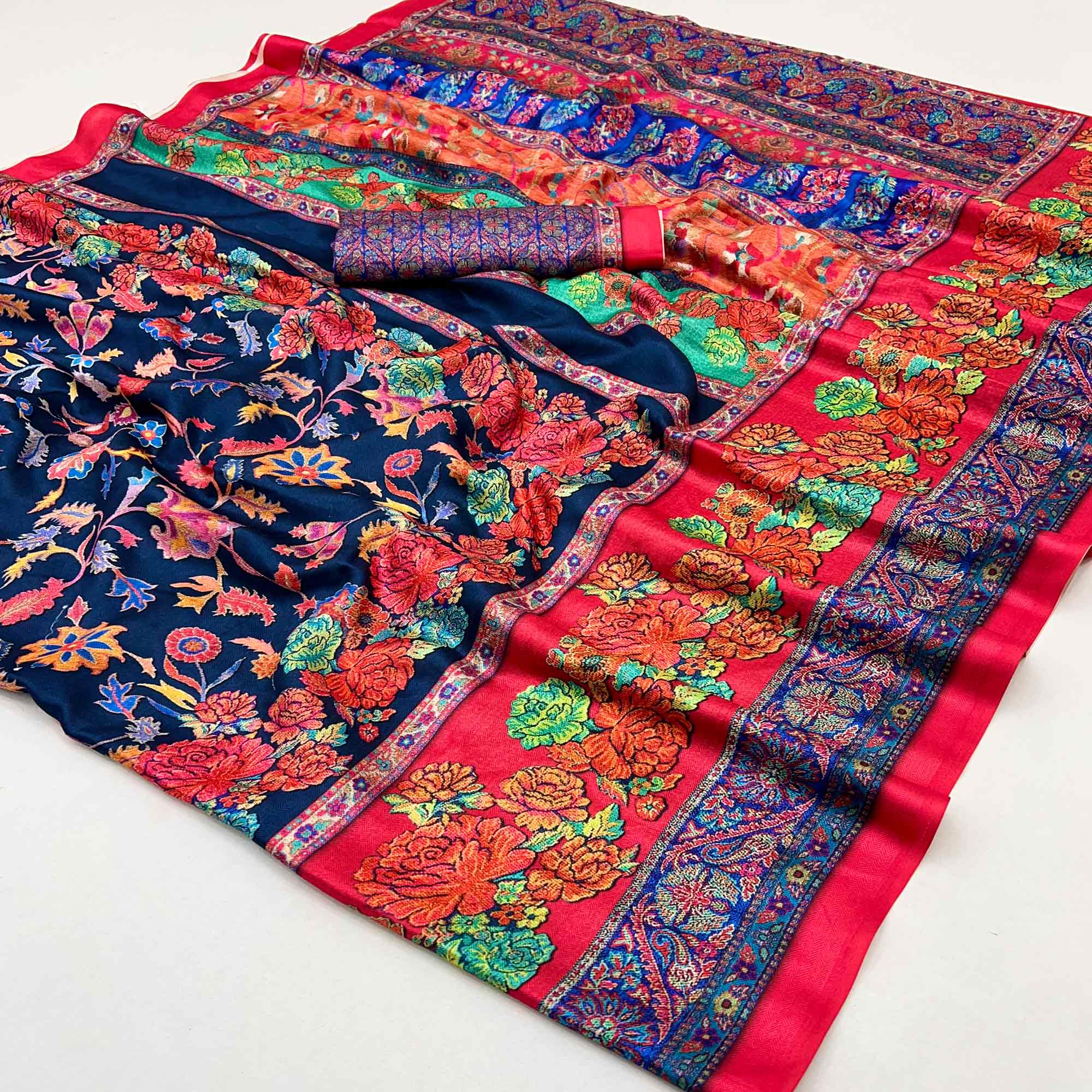 Navy Blue Floral Digital Printed Pashmina Saree