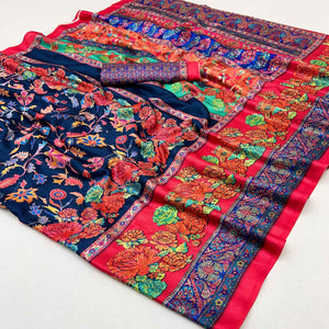 Navy Blue Floral Digital Printed Pashmina Saree