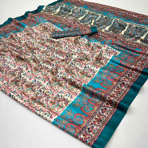 Cream & Blue Floral Digital Printed Pashmina Saree