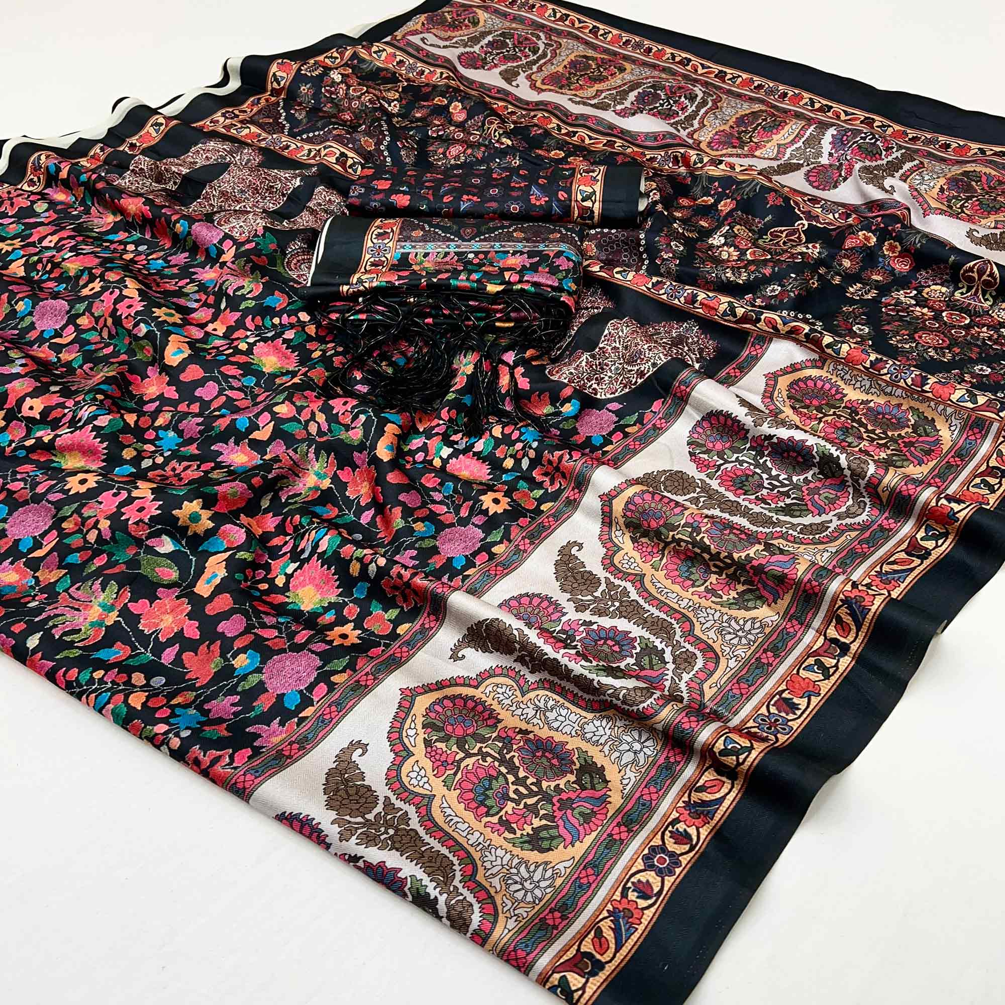 Black Floral Digital Printed Pashmina Saree With Shawl
