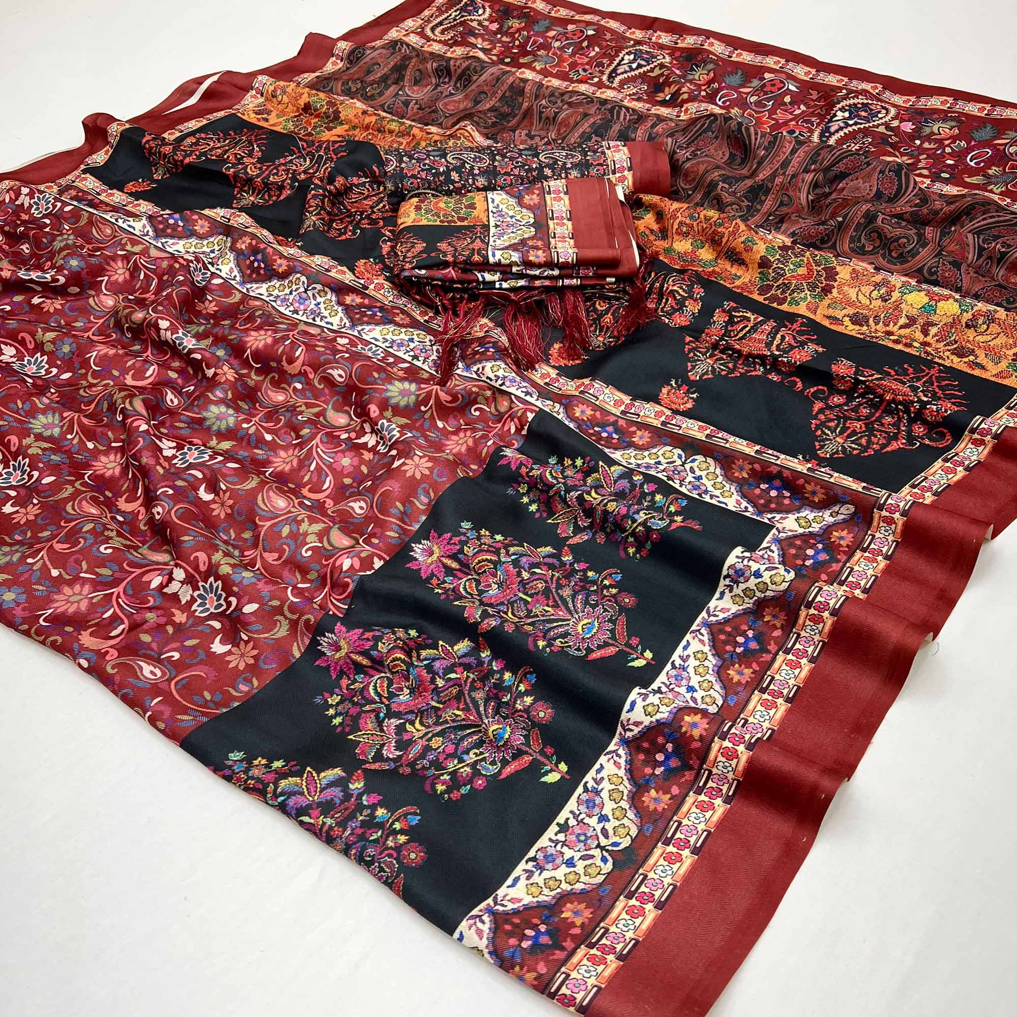 Maroon Floral Digital Printed Pashmina Saree With Shawl