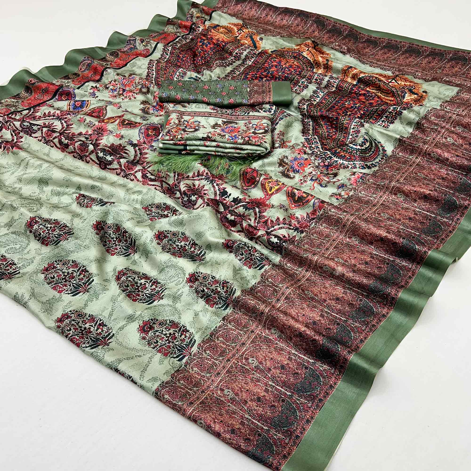 Green Floral Digital Printed Pashmina Saree With Shawl