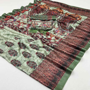 Green Floral Digital Printed Pashmina Saree With Shawl