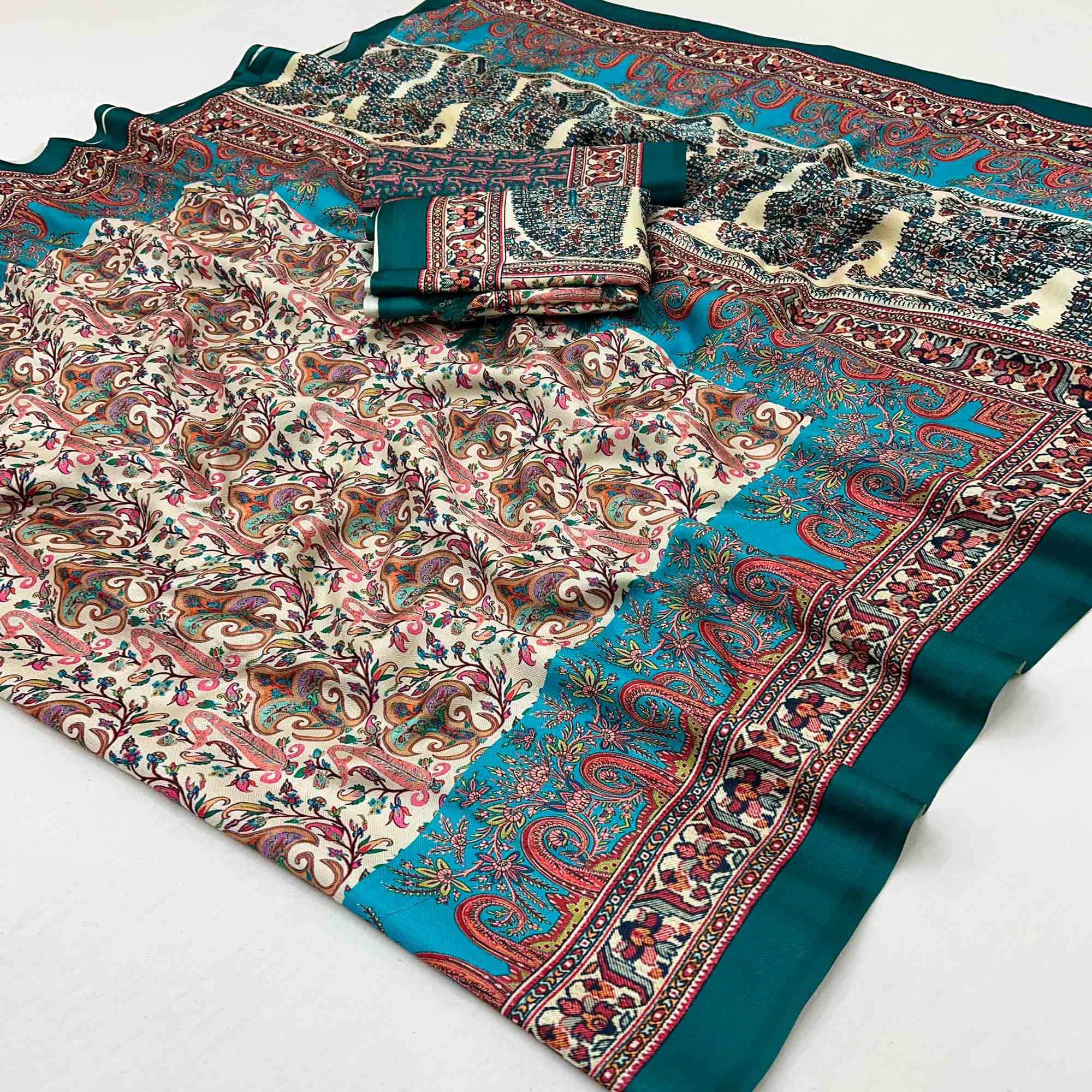 Cream Floral Digital Printed Pashmina Saree With Shawl