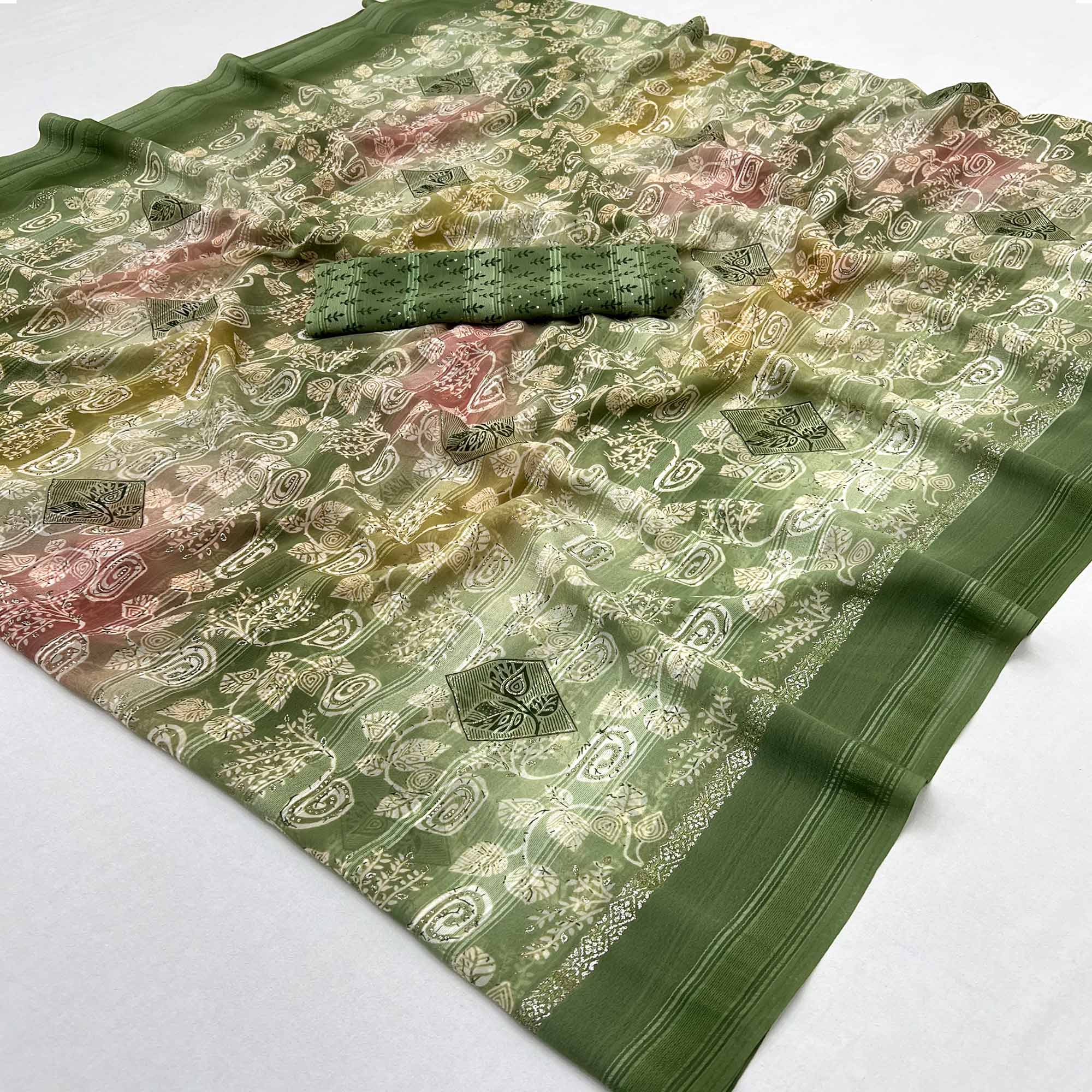 Green Floral Printed Georgette Saree