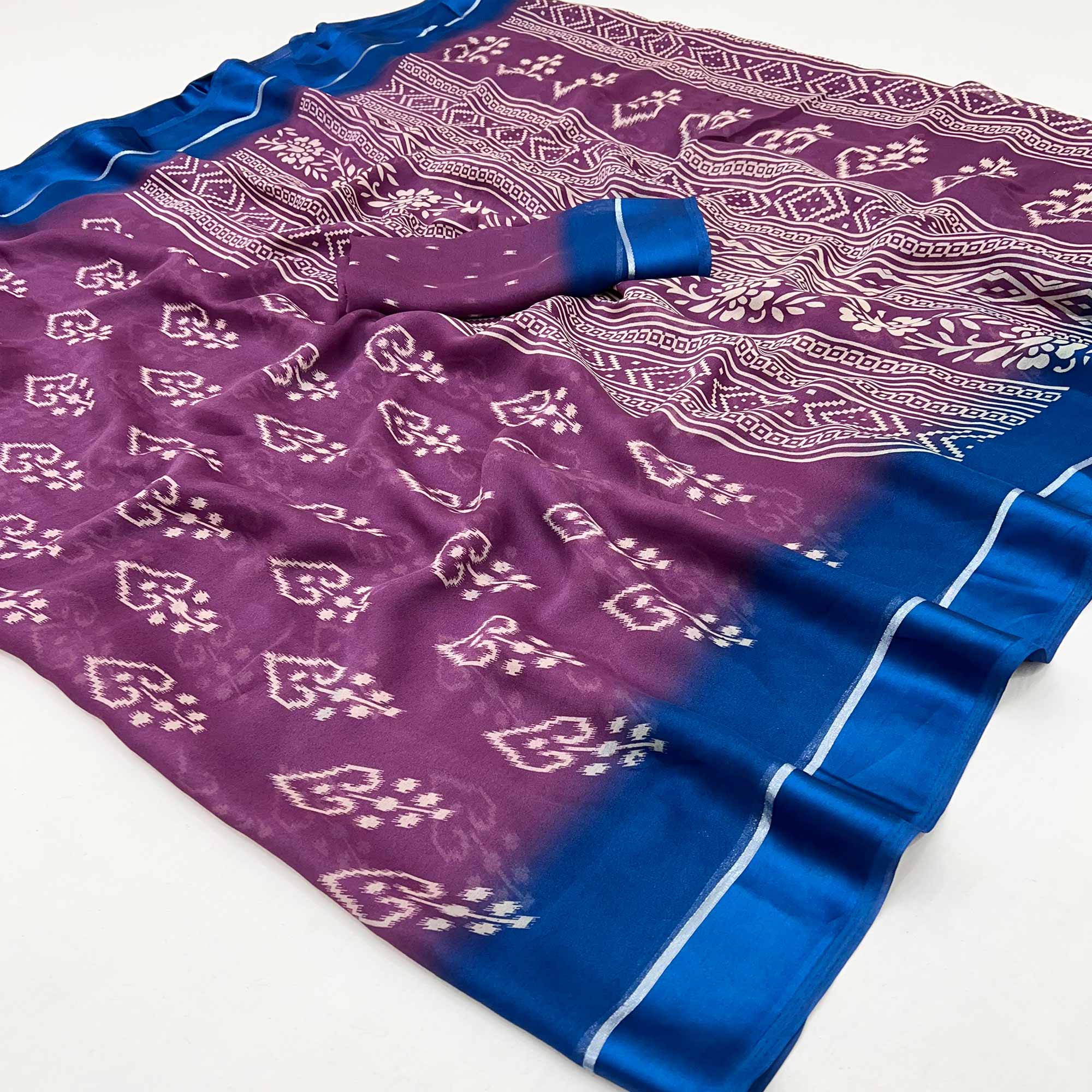 Purple Ikkat Printed Georgette Saree With Satin Border