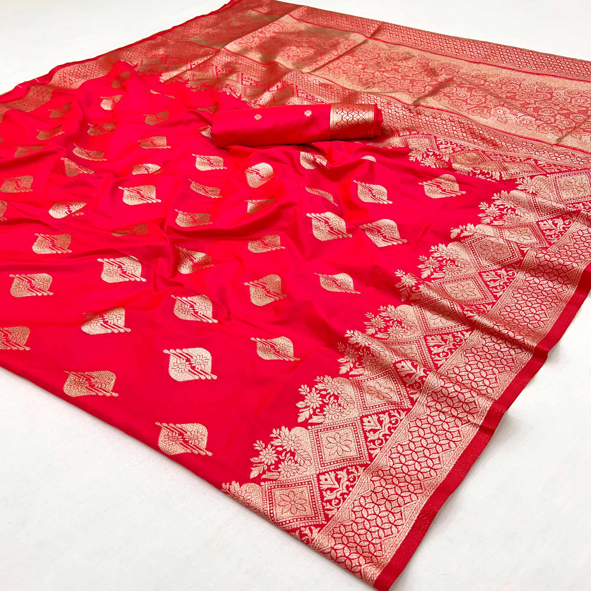 Cherry Red Floral Woven Banarasi Silk Saree