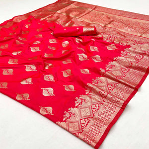 Cherry Red Floral Woven Banarasi Silk Saree