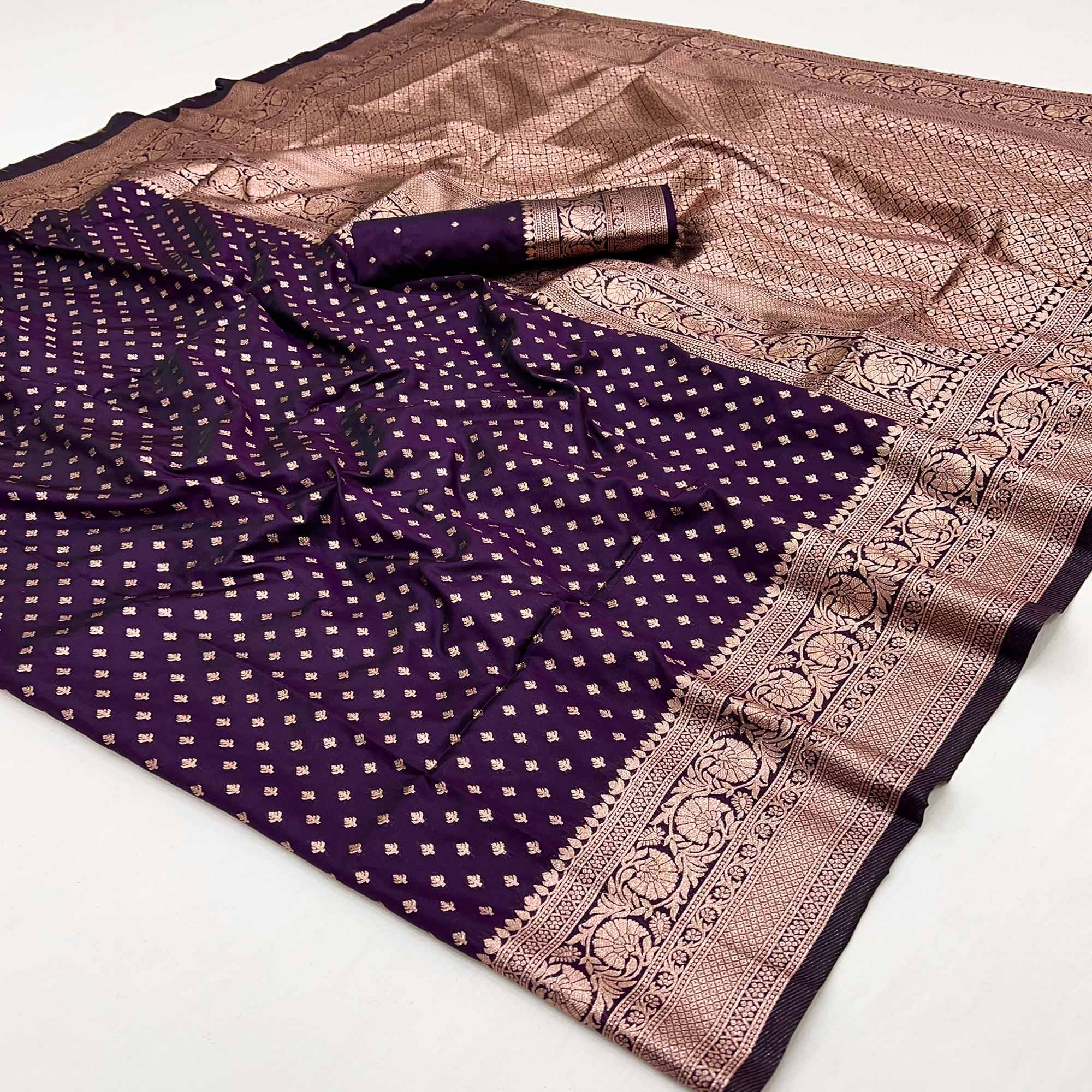 Wine Floral Woven Banarasi Silk Saree