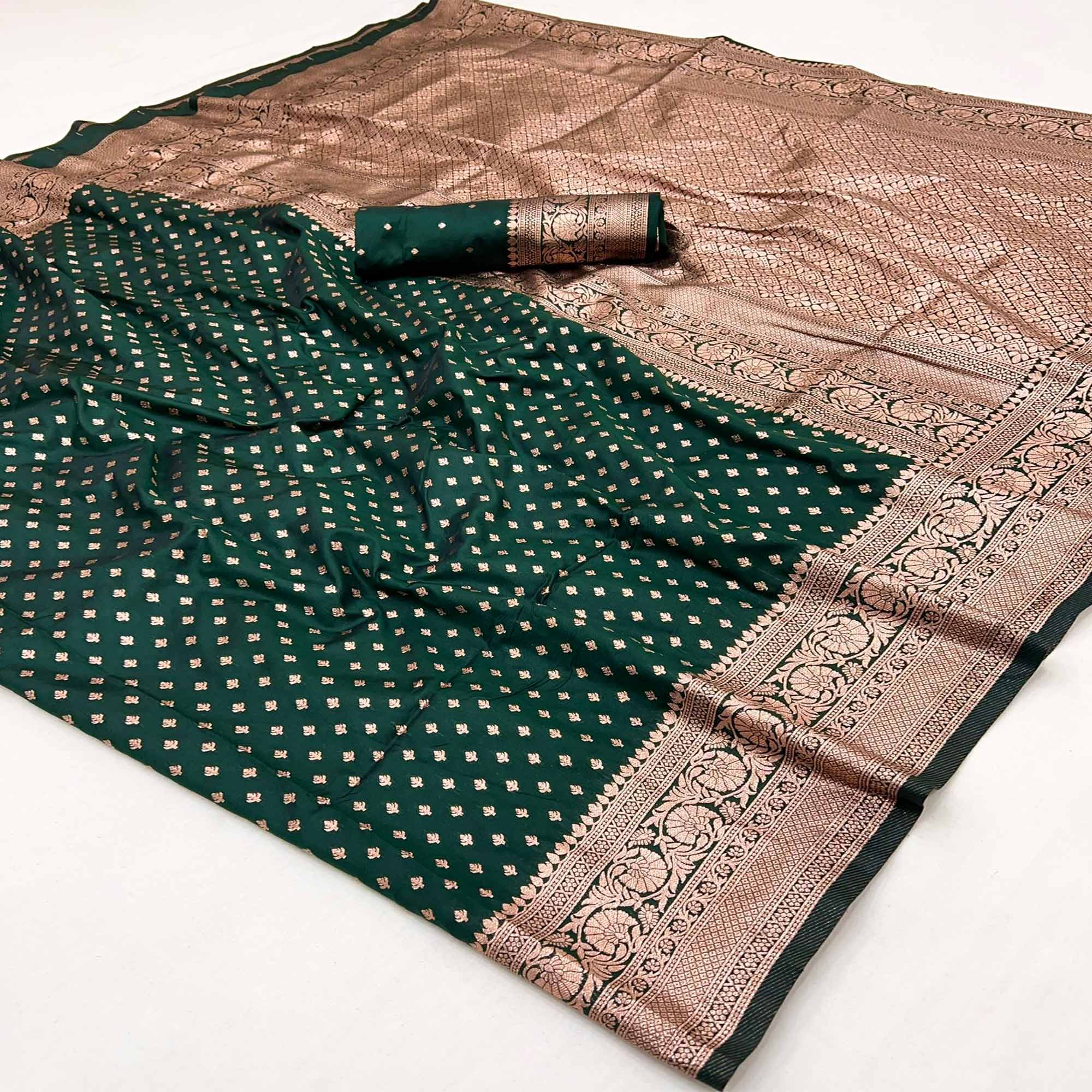 Bottle Green Floral Woven Banarasi Silk Saree