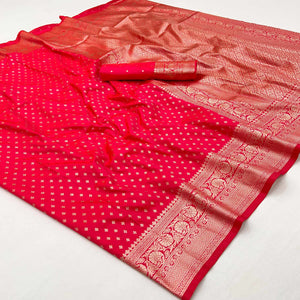 Cherry Red Floral Woven Banarasi Silk Saree