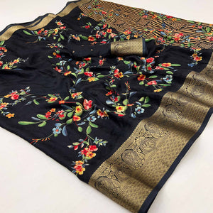 Black Floral Printed Georgette Saree With Woven Border