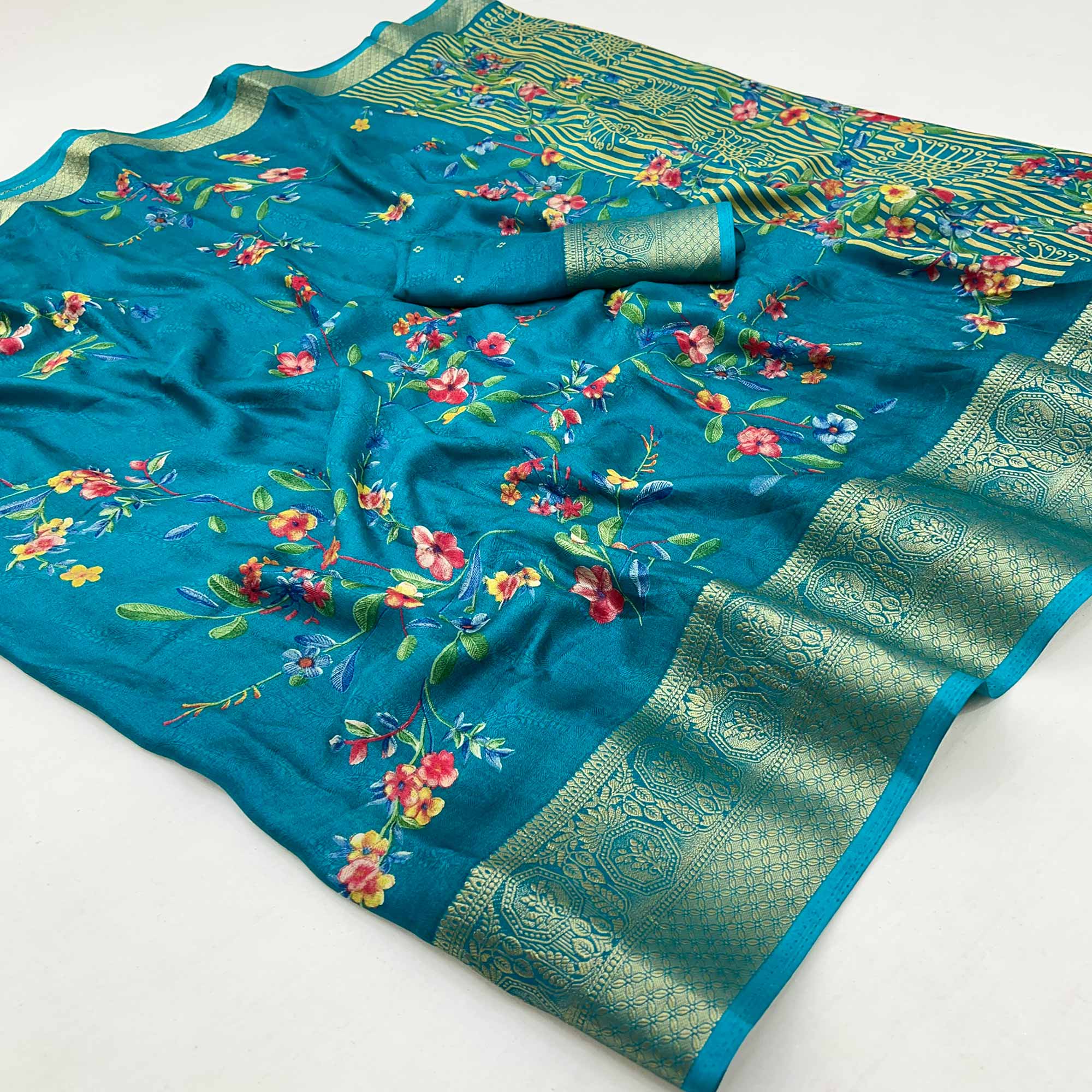 Blue Floral Printed Georgette Saree With Woven Border