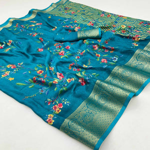 Blue Floral Printed Georgette Saree With Woven Border