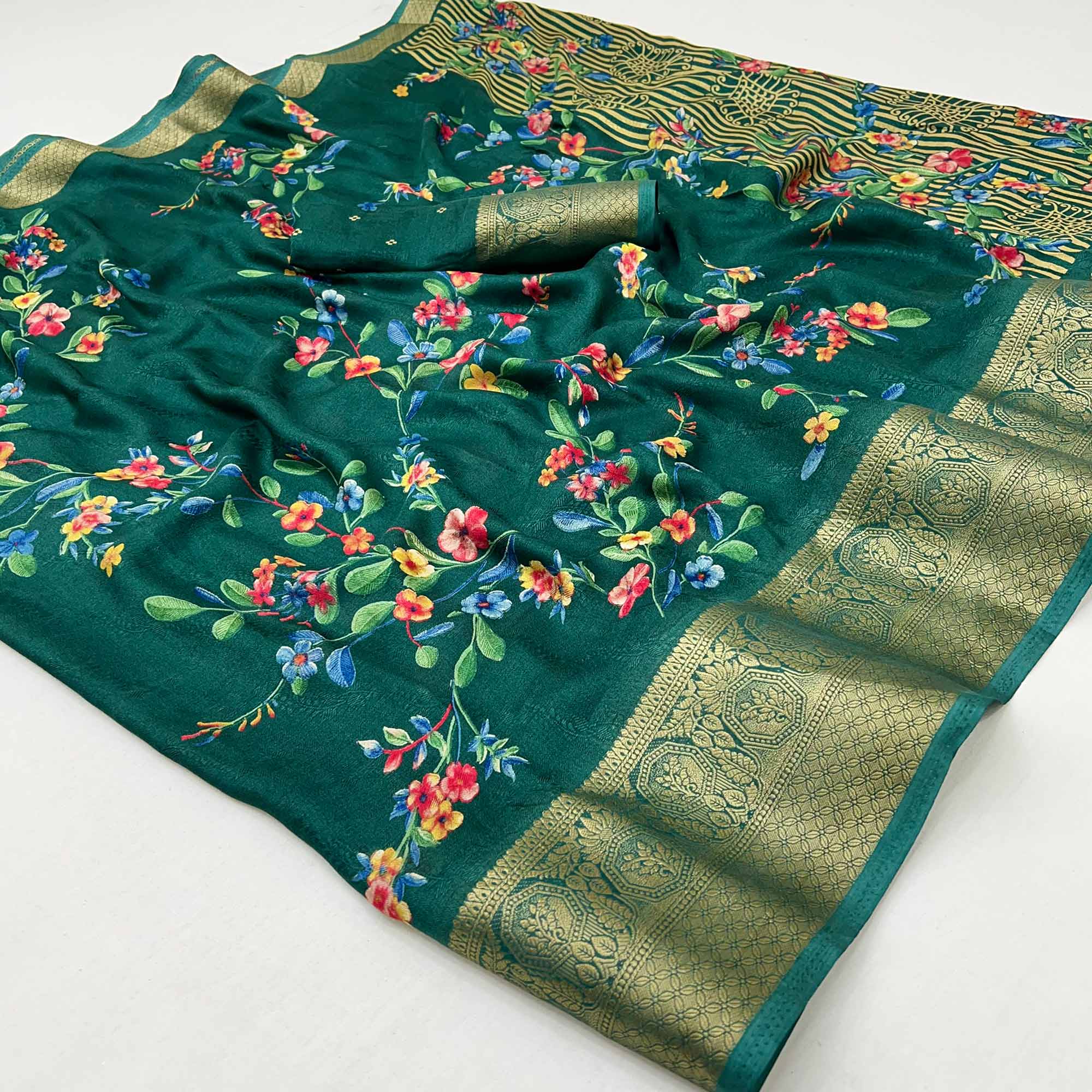 Green Floral Printed Georgette Saree With Woven Border