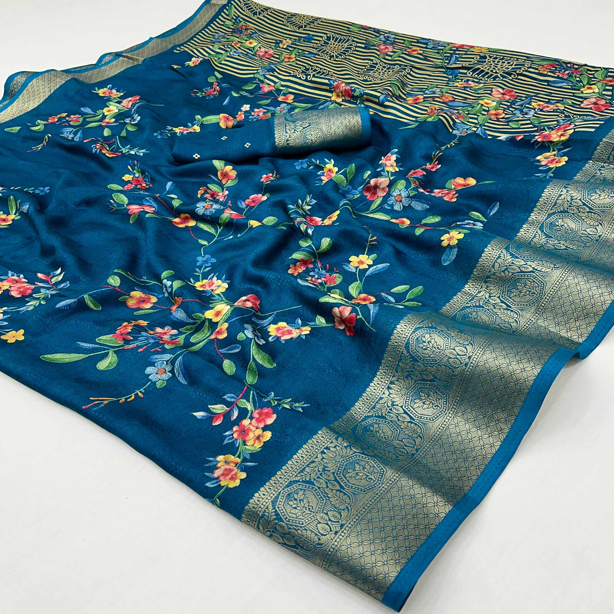 Blue Floral Printed Georgette Saree With Woven Border
