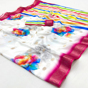 White Floral Digital Printed Dola Silk Saree With Woven Border