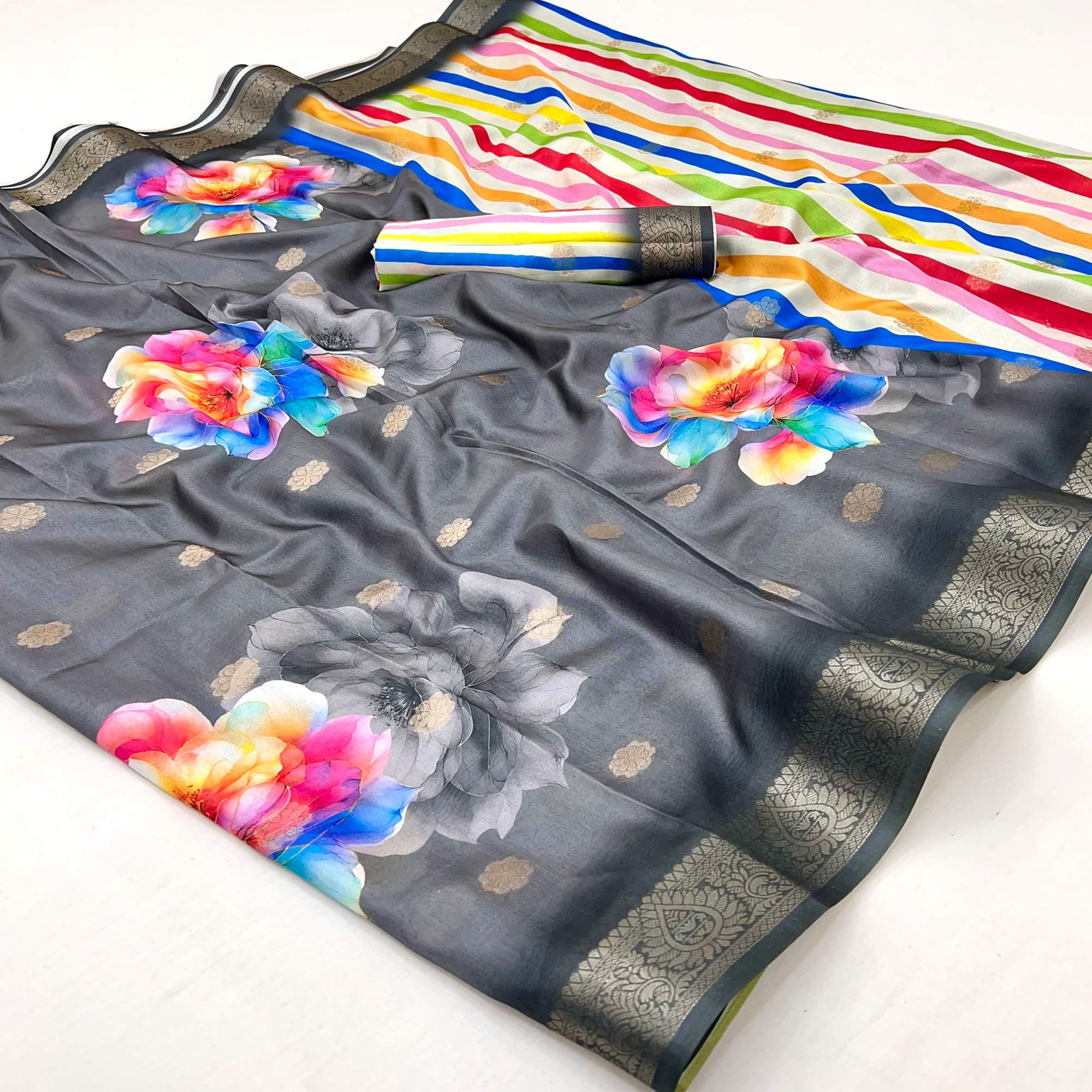 Grey Floral Digital Printed Dola Silk Saree With Woven Border