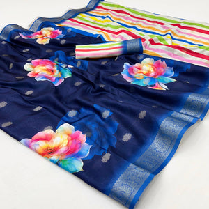Blue Floral Digital Printed Dola Silk Saree With Woven Border