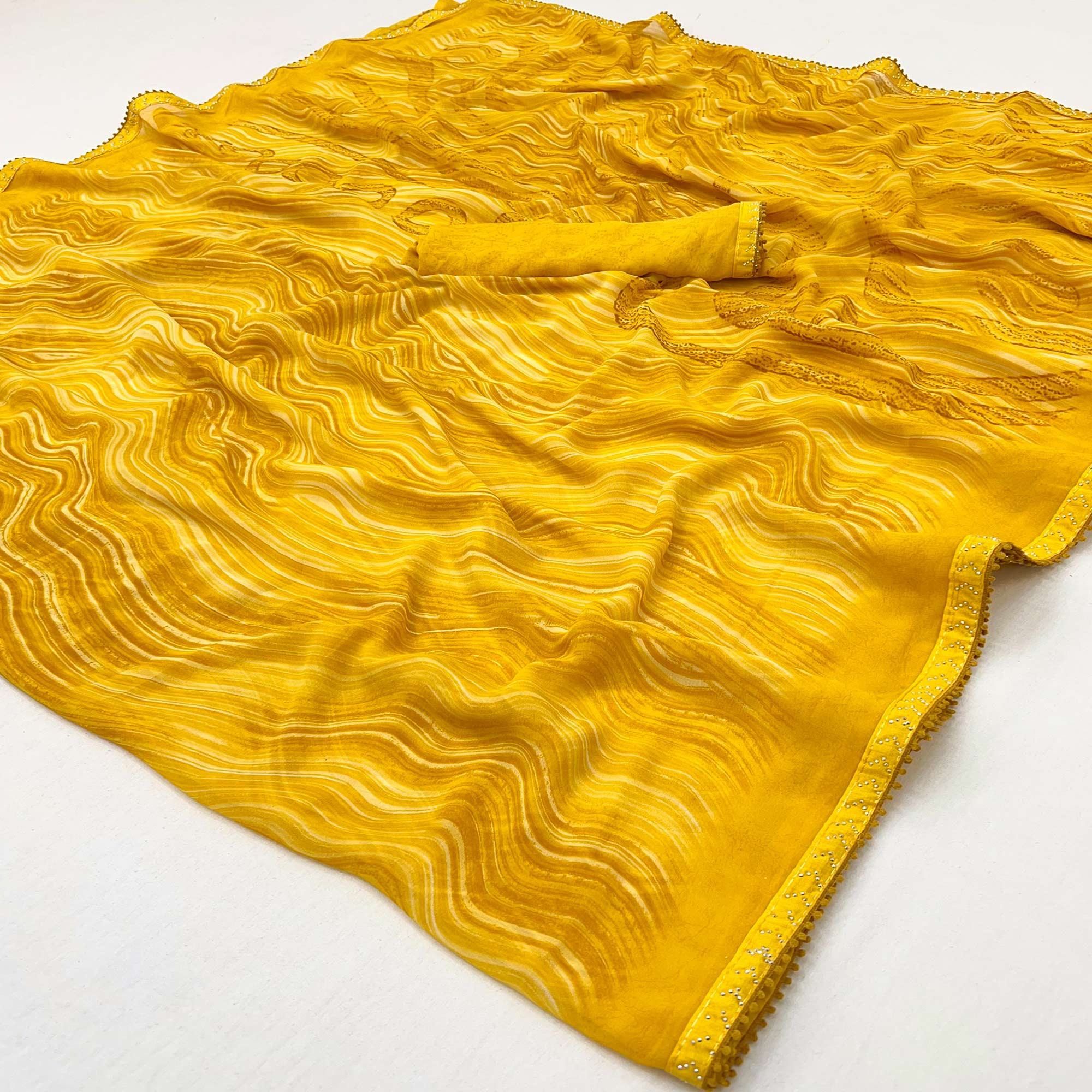Mustard Printed Georgette Saree With Fancy Lace Border