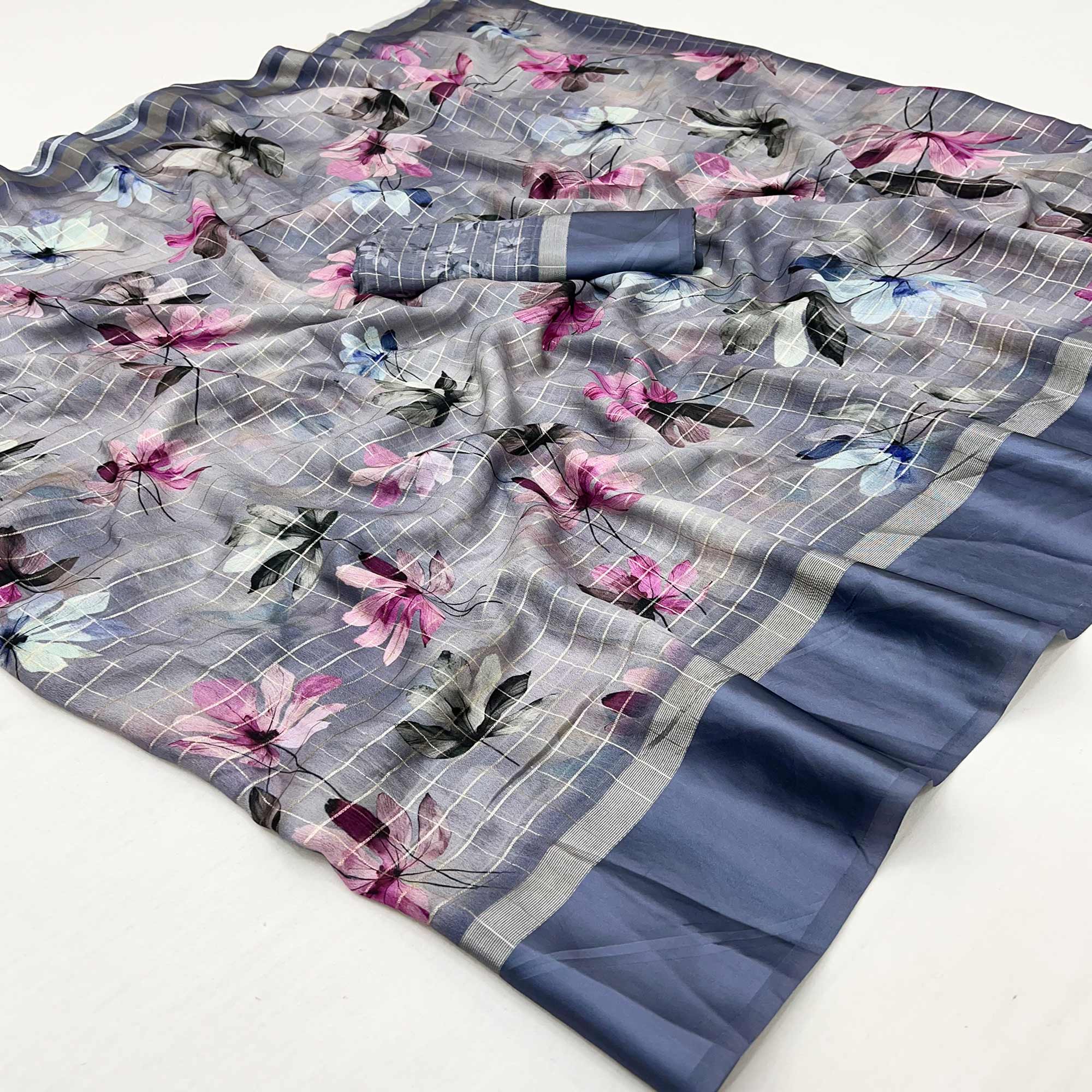 Grey Floral Digital Printed With Zari Woven Georgette Saree
