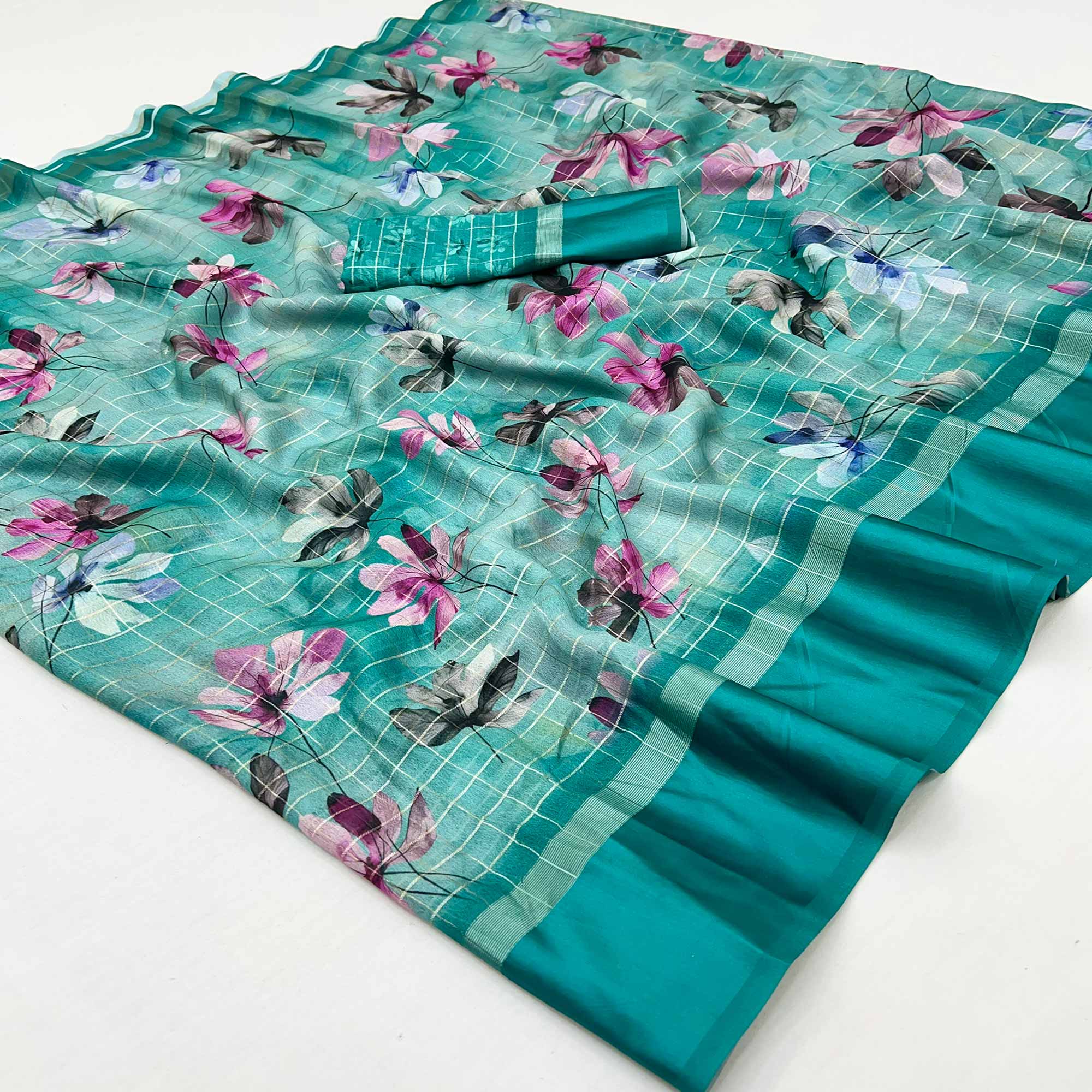 Rama Green Floral Digital Printed With Zari Woven Georgette Saree