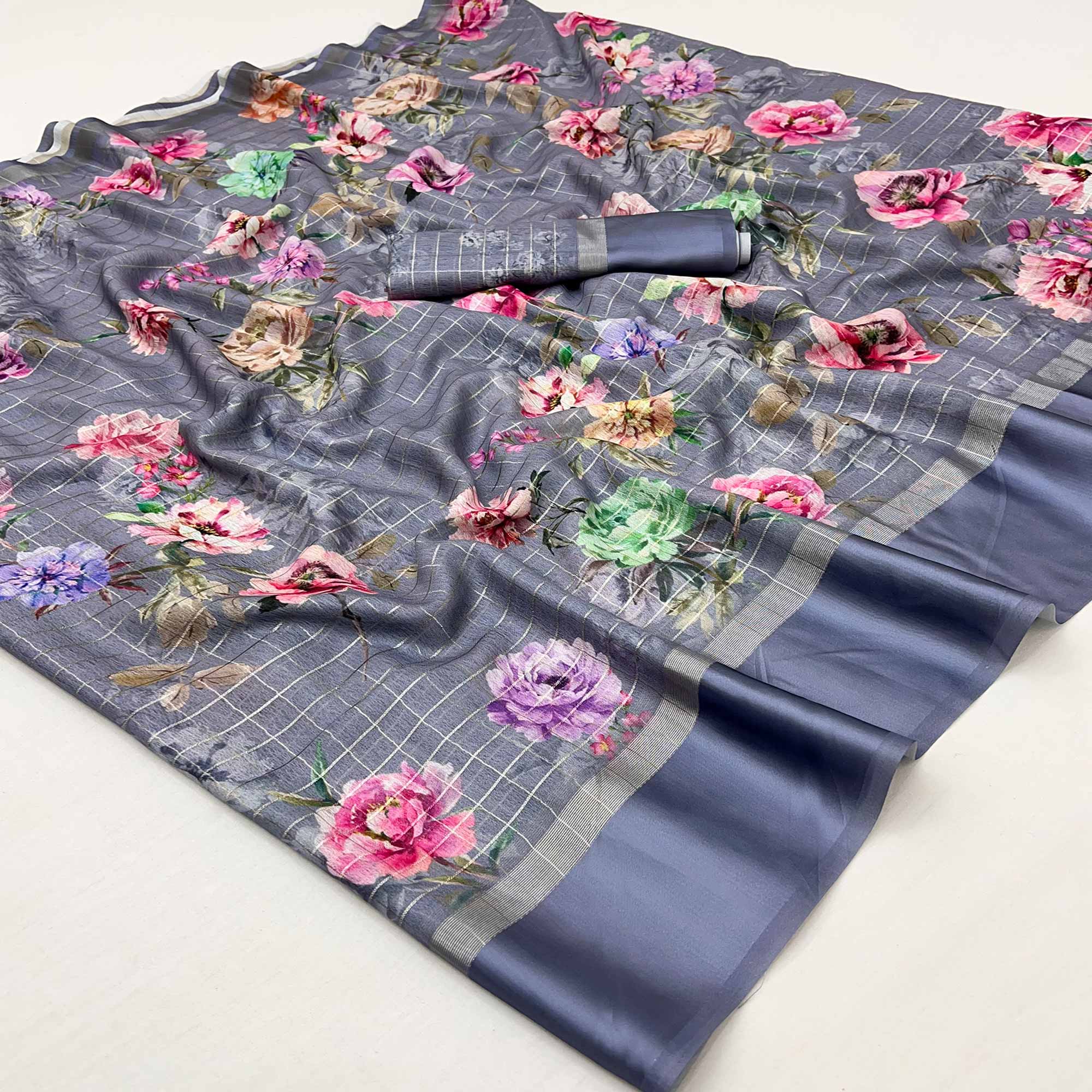 Grey Floral Digital Printed With Zari Woven Georgette Saree
