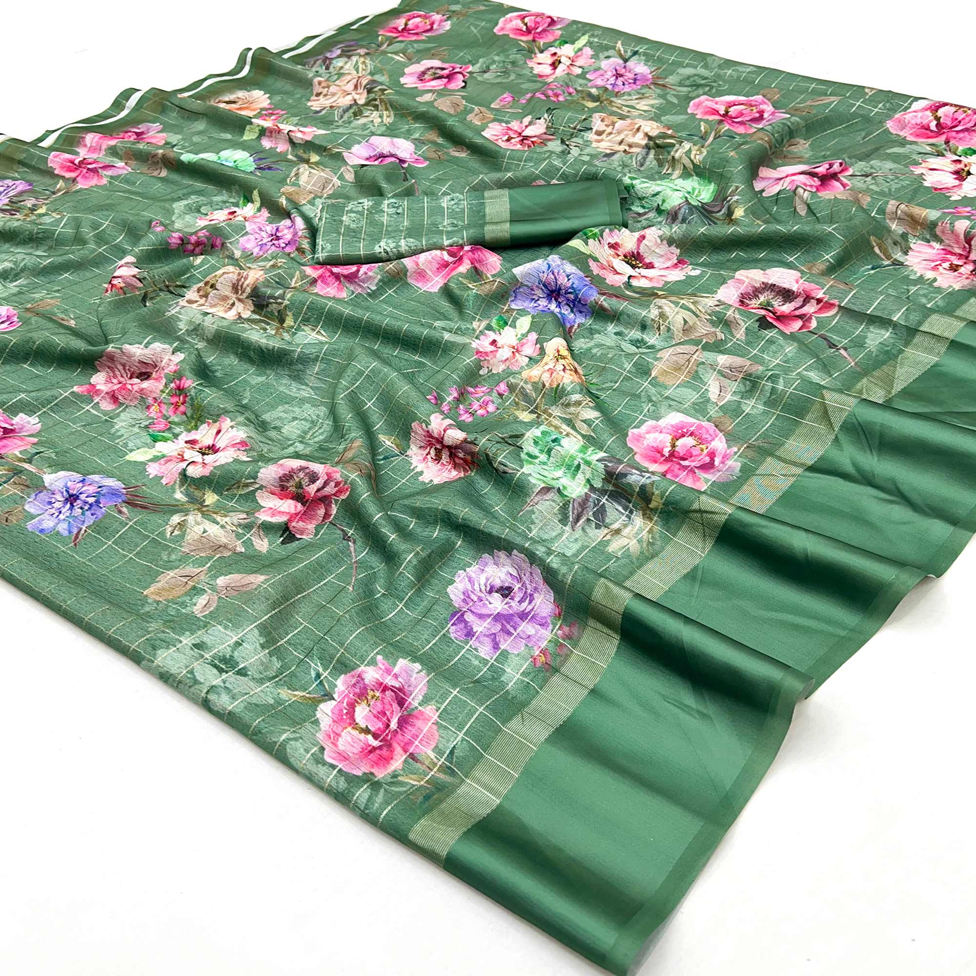 Green Floral Digital Printed With Zari Woven Georgette Saree