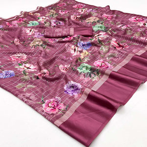 Dusty Rose Pink Floral Digital Printed With Zari Woven Georgette Saree