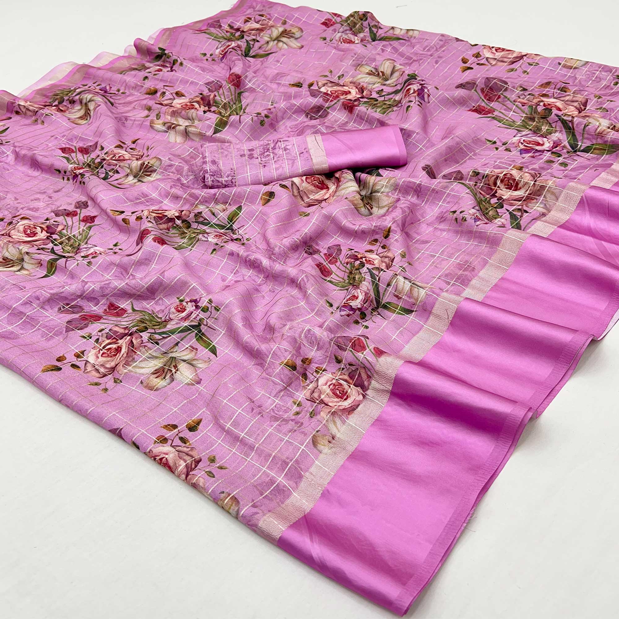 Pink Floral Digital Printed With Zari Woven Georgette Saree