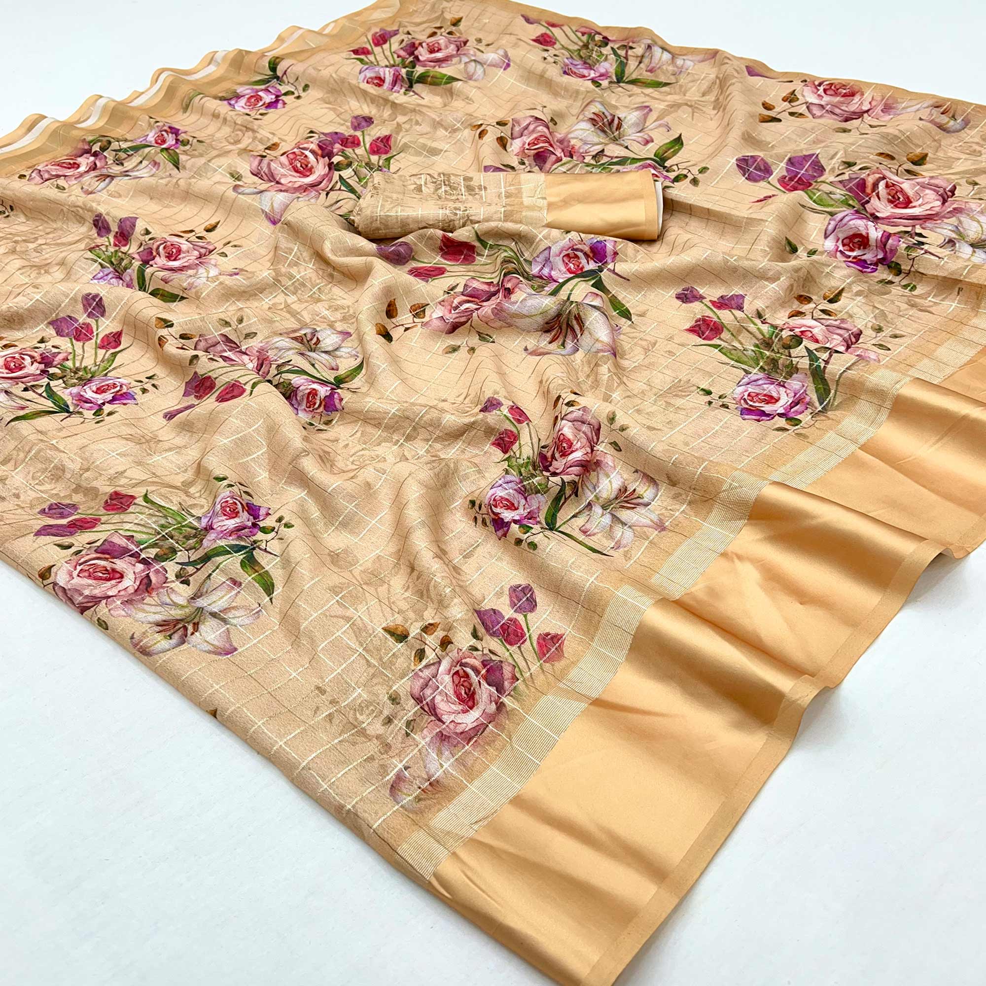 Chikoo Floral Digital Printed With Zari Woven Georgette Saree
