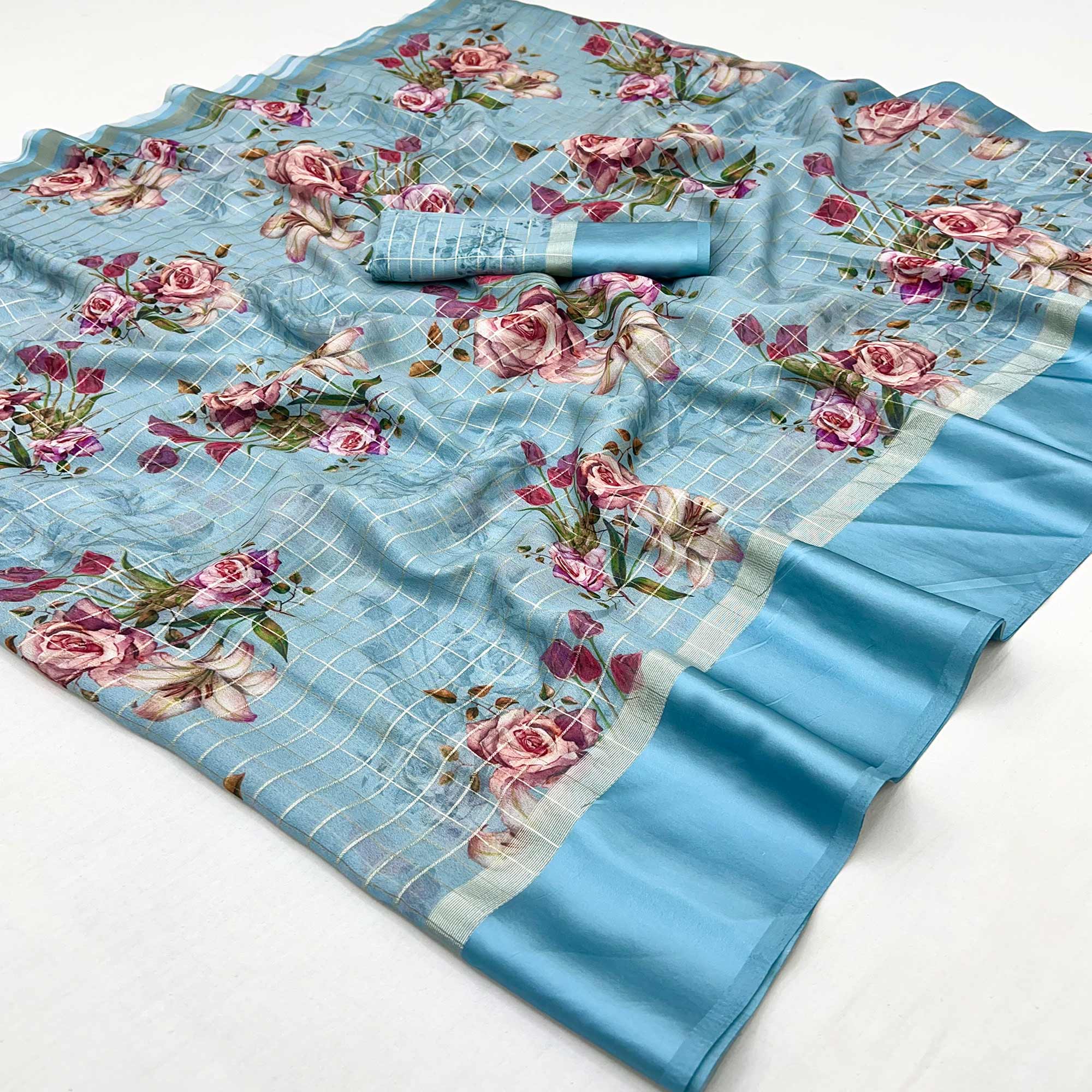 Sky Blue Floral Digital Printed With Zari Woven Georgette Saree