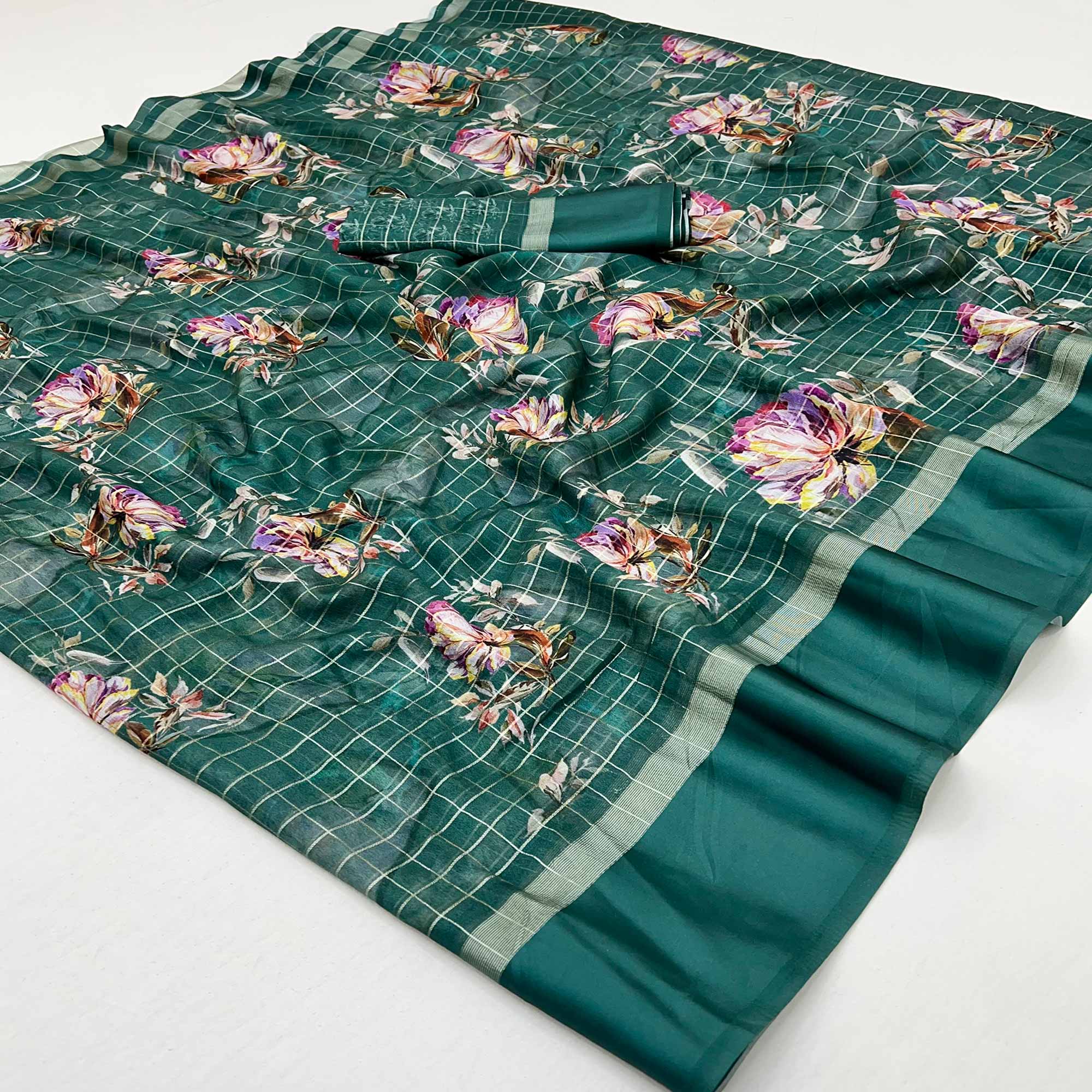 Green Floral Digital Printed With Zari Woven Georgette Saree