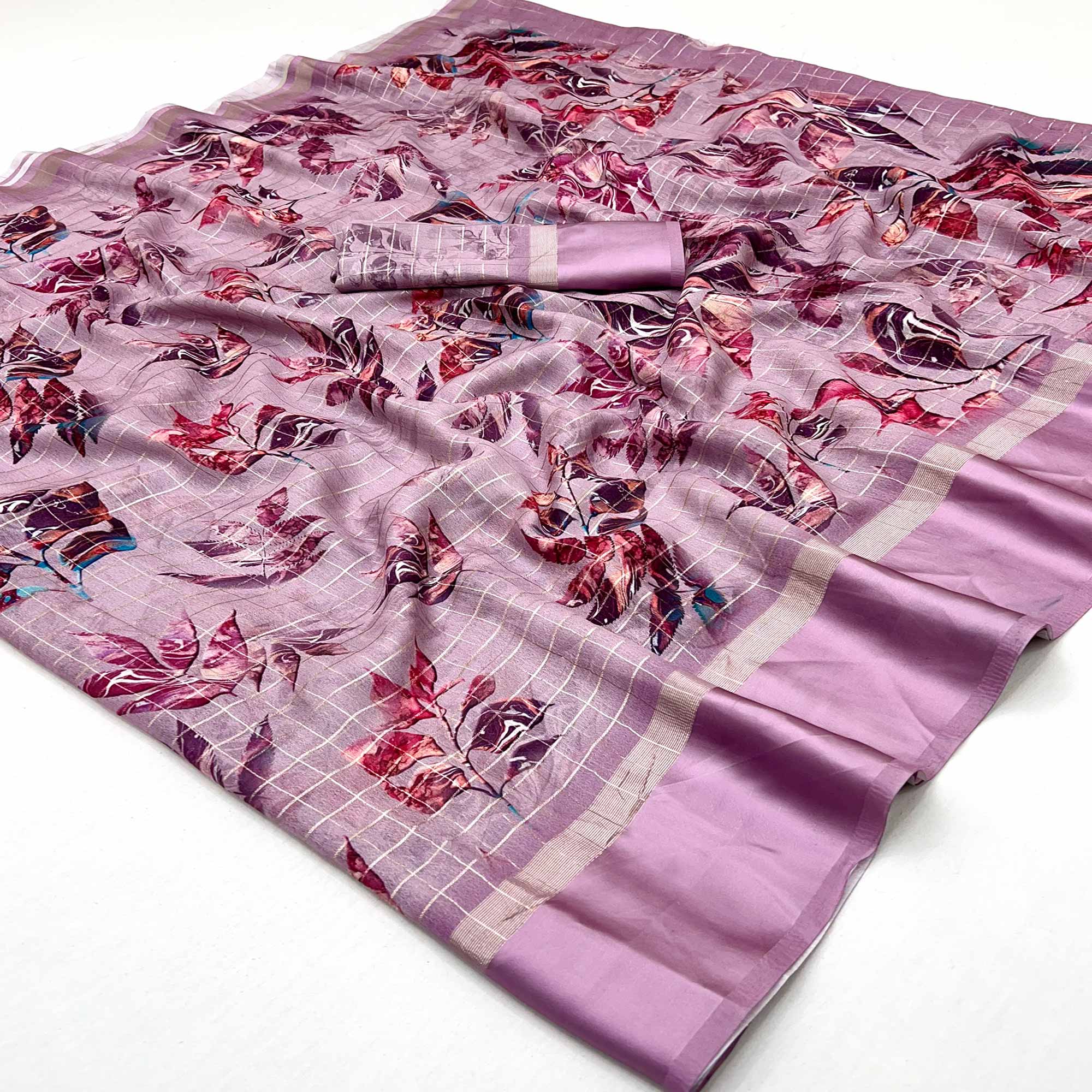 Onion Pink Floral Digital Printed With Zari Woven Georgette Saree