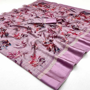 Onion Pink Floral Digital Printed With Zari Woven Georgette Saree
