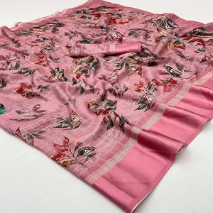 Peach Floral Digital Printed With Zari Woven Georgette Saree