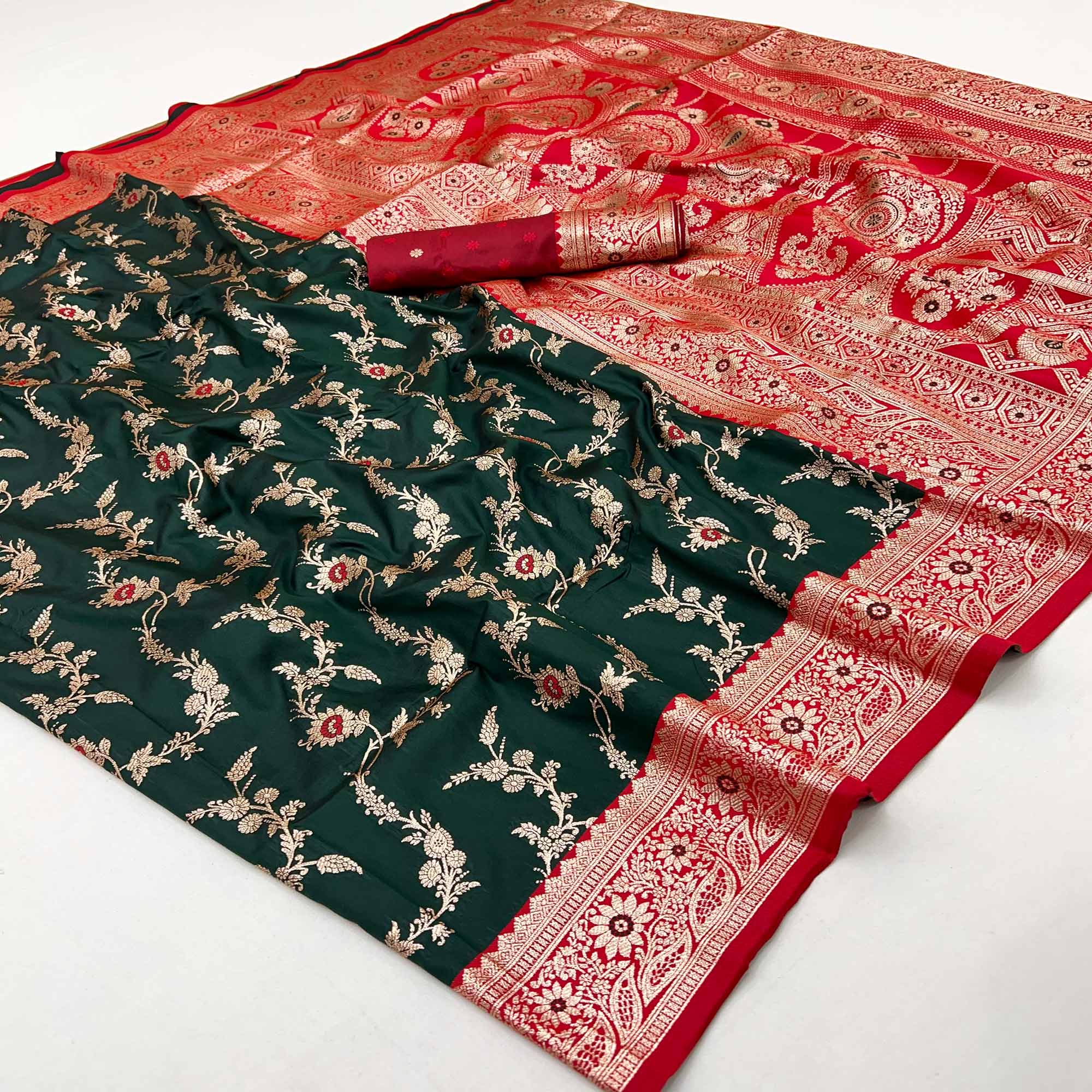 Dark Green Art Silk Saree With Intricate Floral Banarasi Zari Weaving