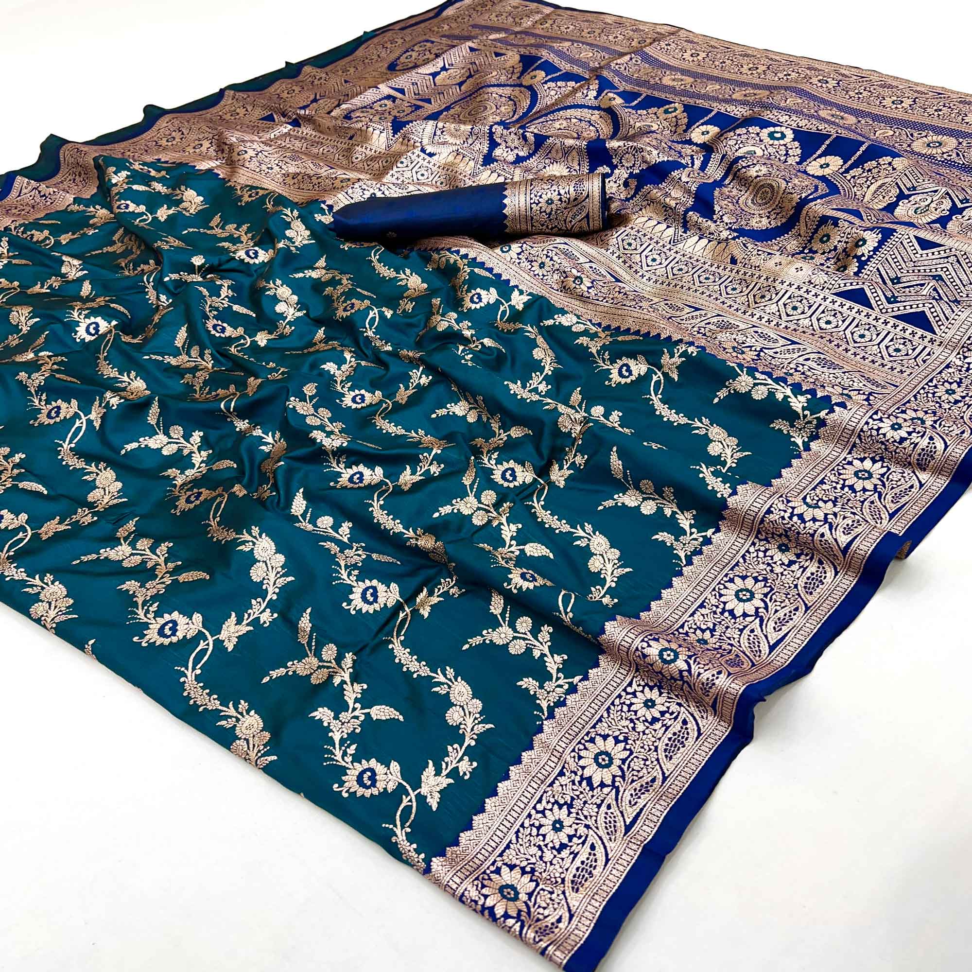Teal Art Silk Saree With Intricate Floral Banarasi Zari Weaving