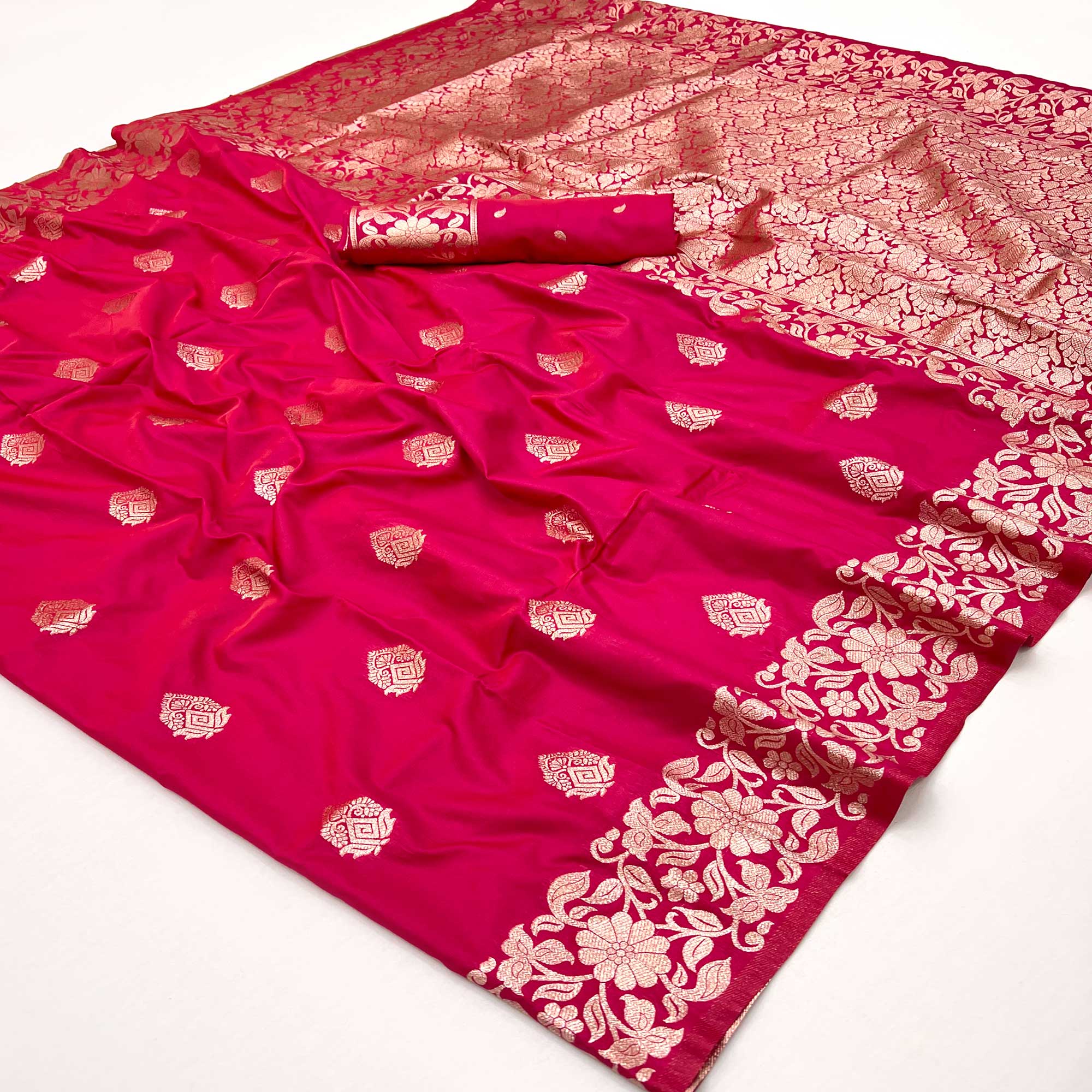 Rani Pink Art Silk Saree With Intricate Zari Weave & Majestic Banarasi Pallu