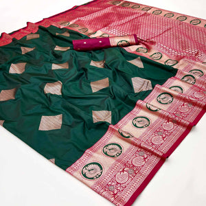 Dark Green Zari Woven Art Silk Saree With Opulent Banarasi Pallu Work