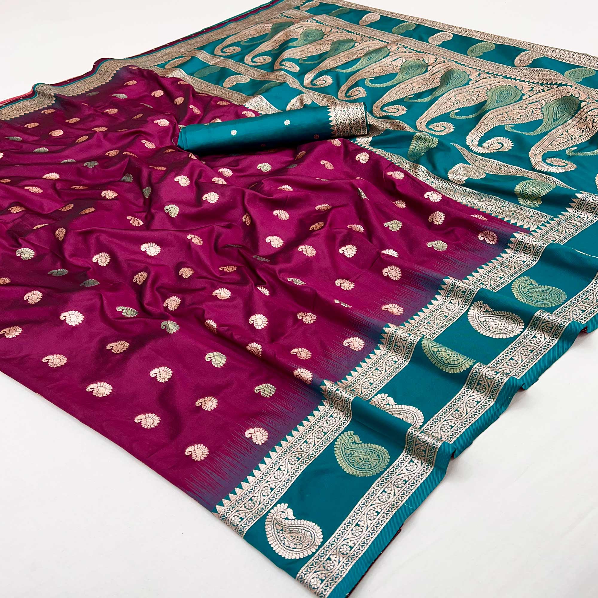 Wine Art Silk Saree Adorned With Zari Woven Paisley Motifs & Rich Banarasi Pallu