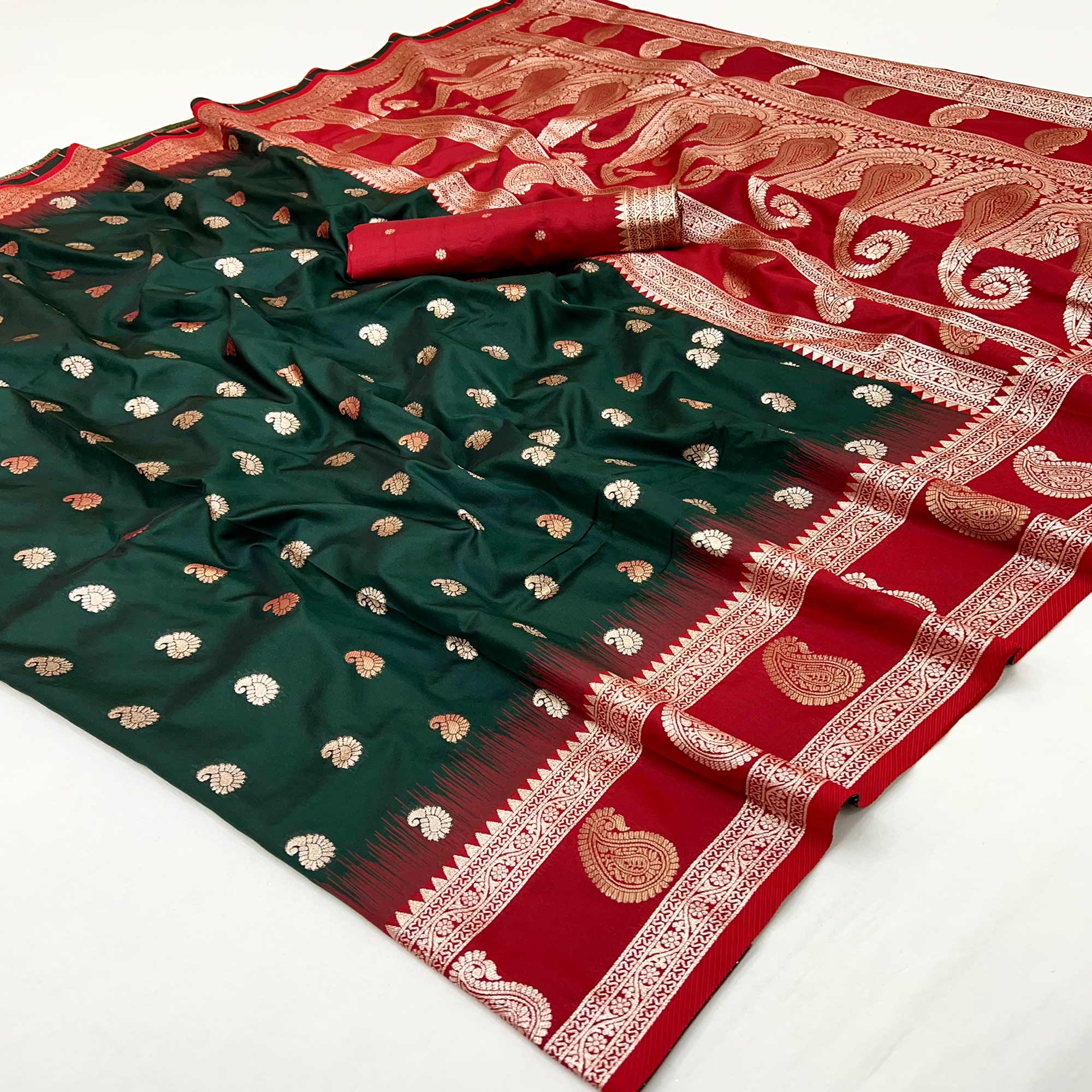 Bottle Green Art Silk Saree Adorned With Zari Woven Paisley Motifs & Rich Banarasi Pallu