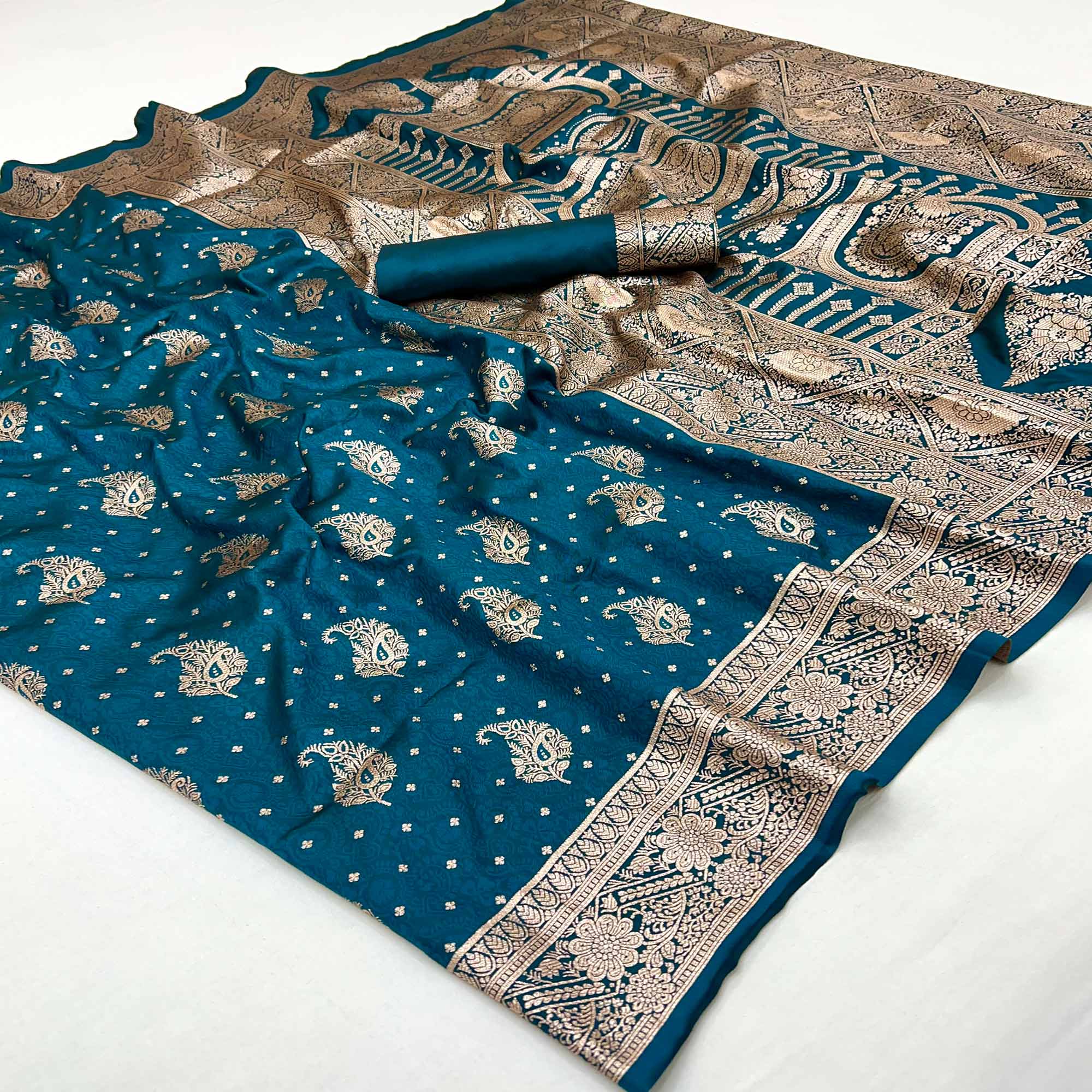 Teal Zari Woven Saree in Soft Art Silk with Heritage Paisley Designs
