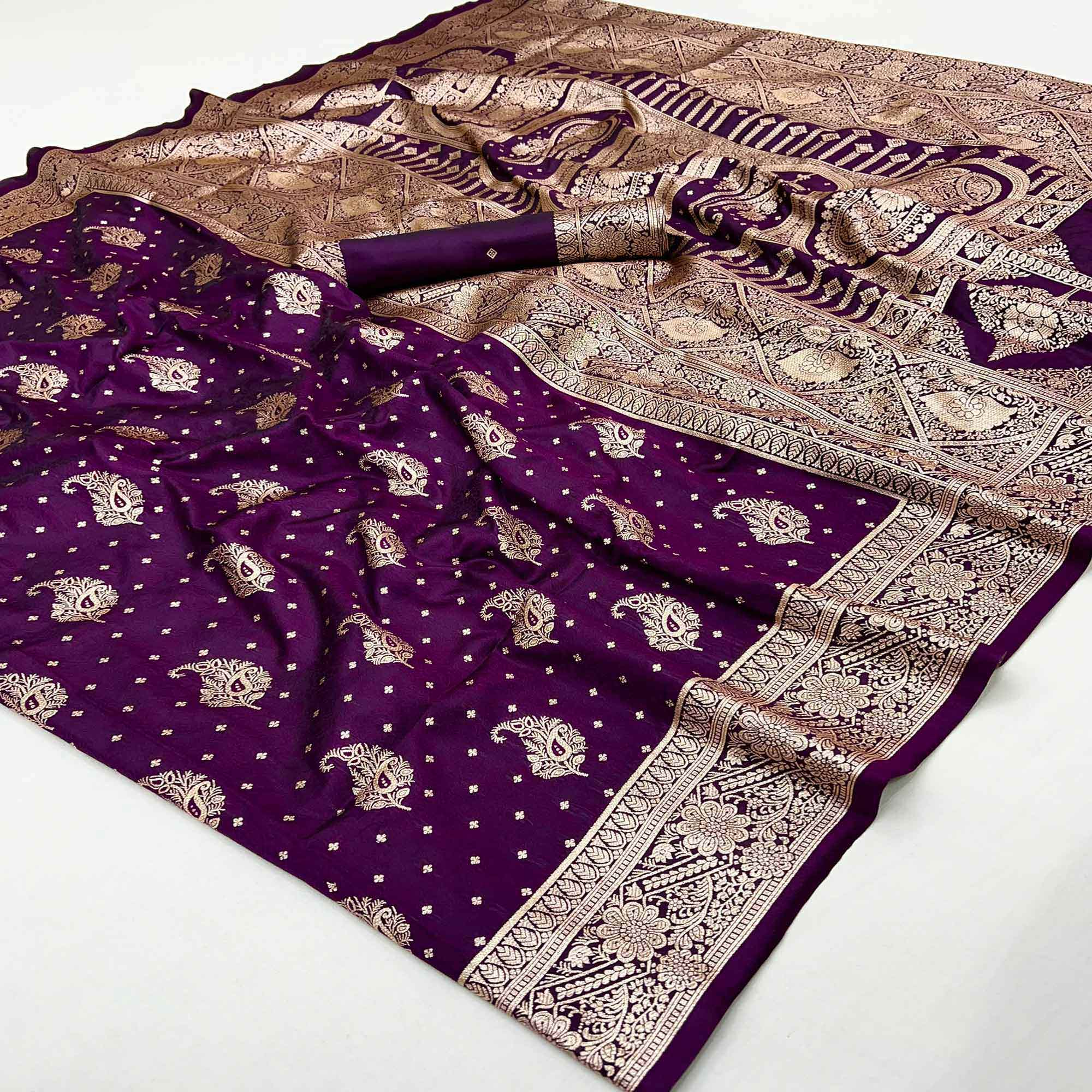 Purple Zari Woven Saree in Soft Art Silk with Heritage Paisley Designs
