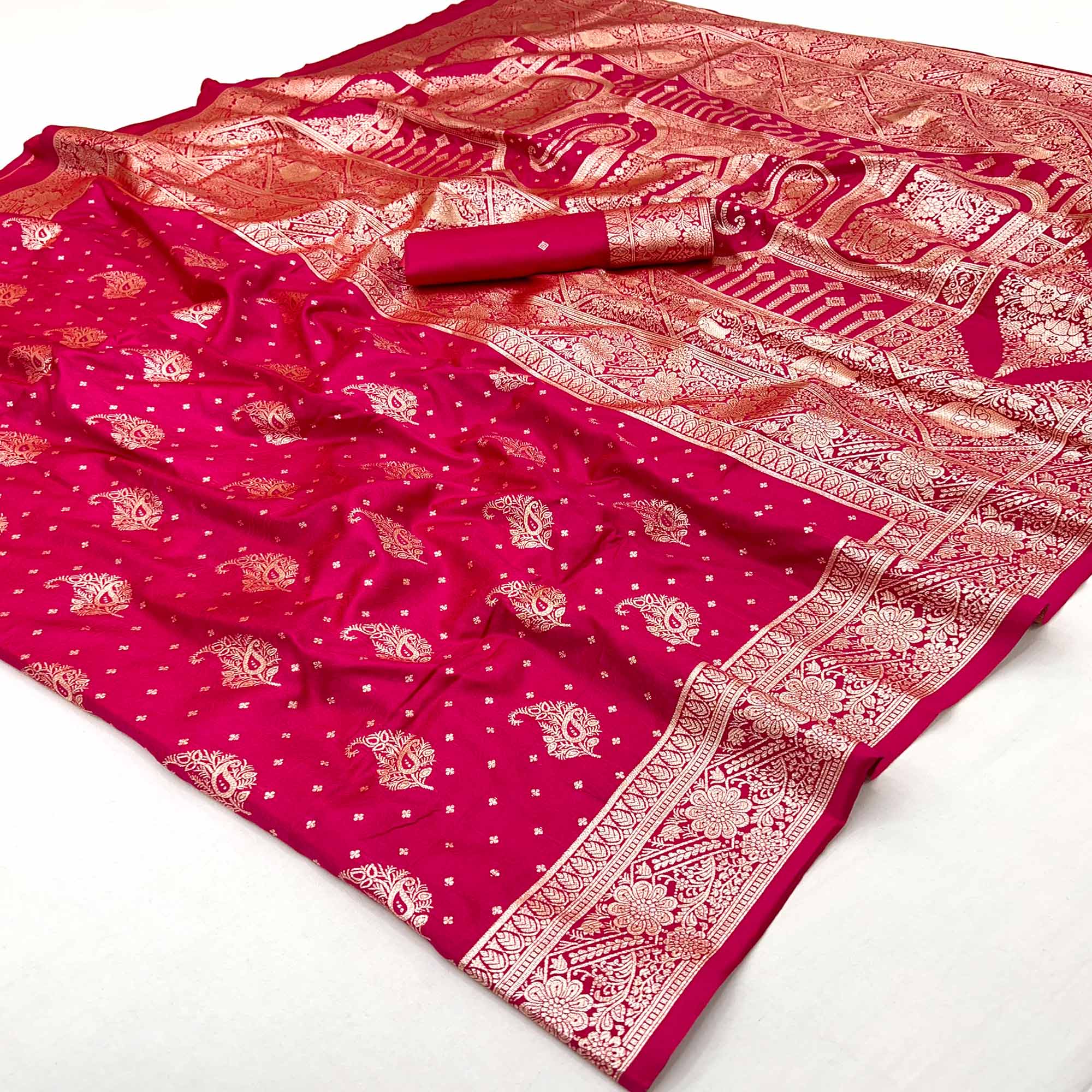 Pink Zari Woven Saree in Soft Art Silk with Heritage Paisley Designs