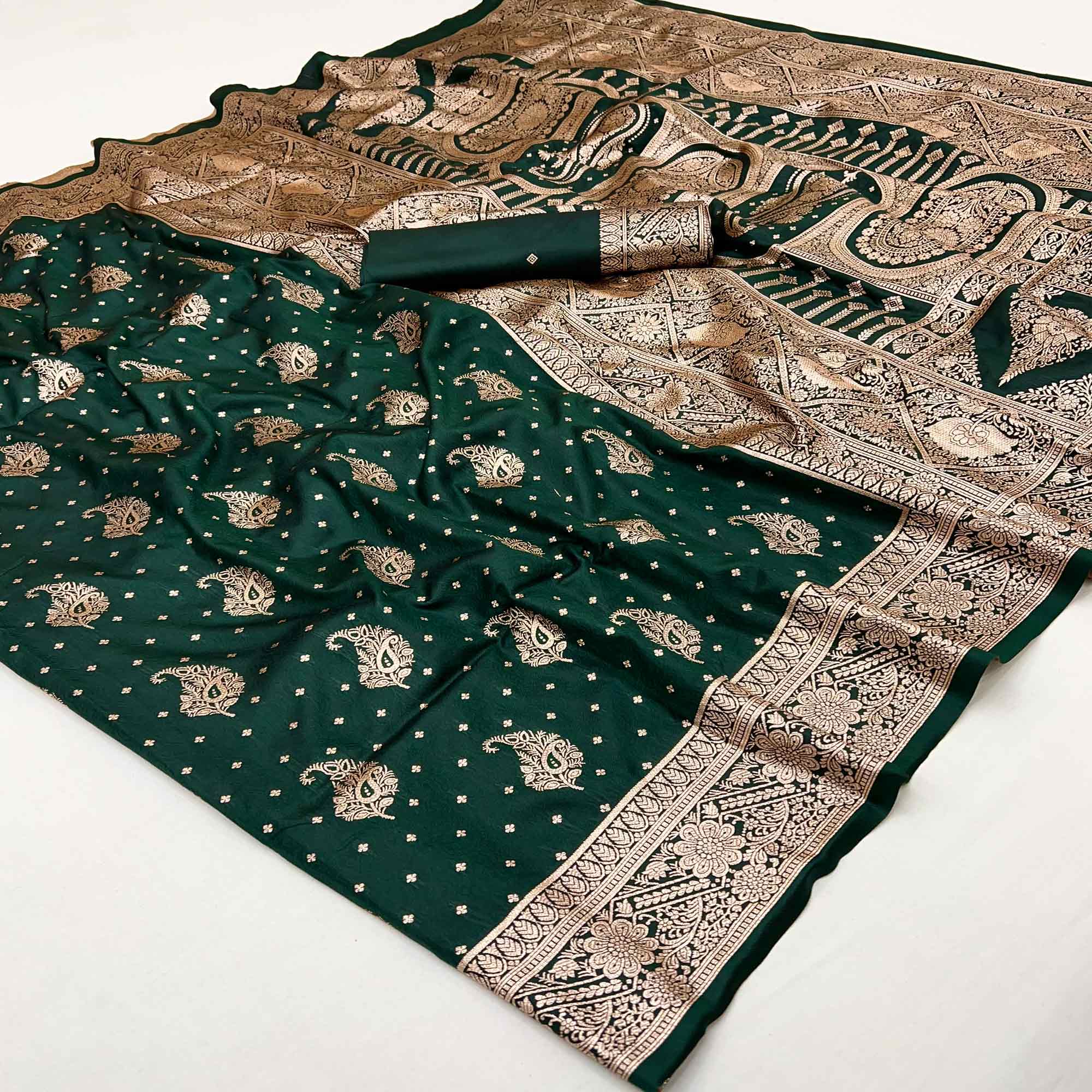 Green Zari Woven Saree in Soft Art Silk with Heritage Paisley Designs